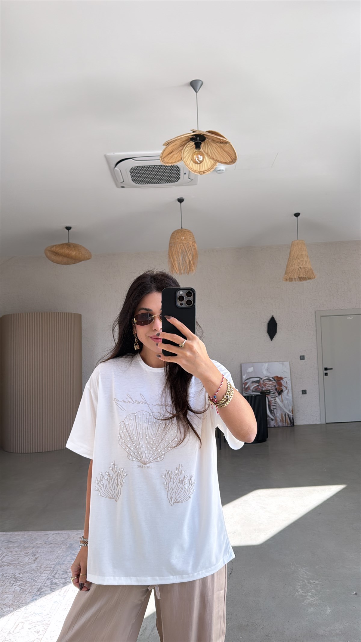 Bej Ocean Feeling Pamuklu İncili Tshirt