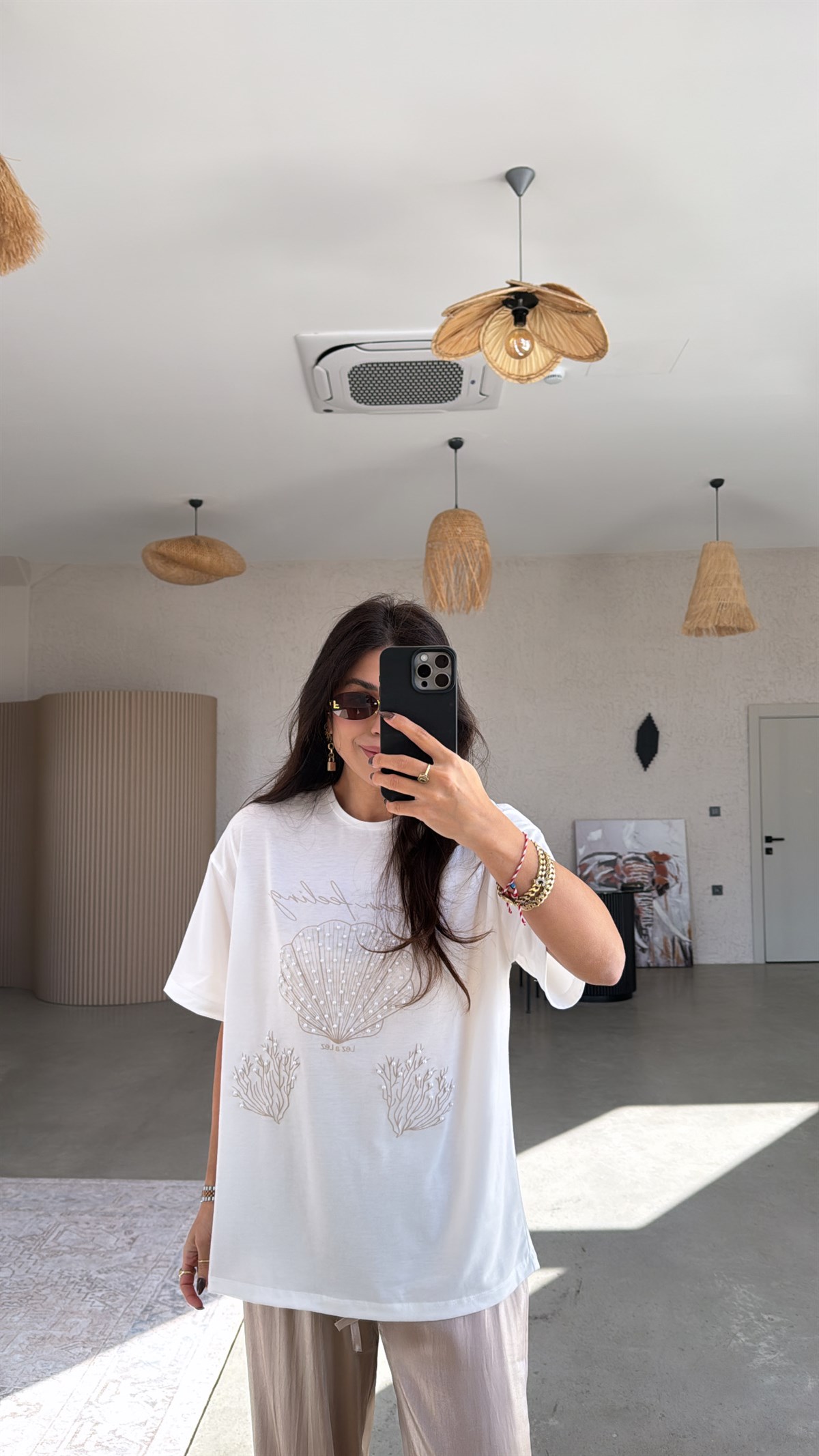 Bej Ocean Feeling Pamuklu İncili Tshirt