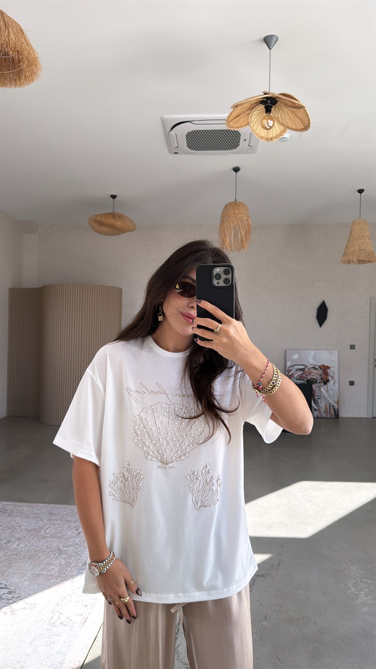 Bej Ocean Feeling Pamuklu İncili Tshirt