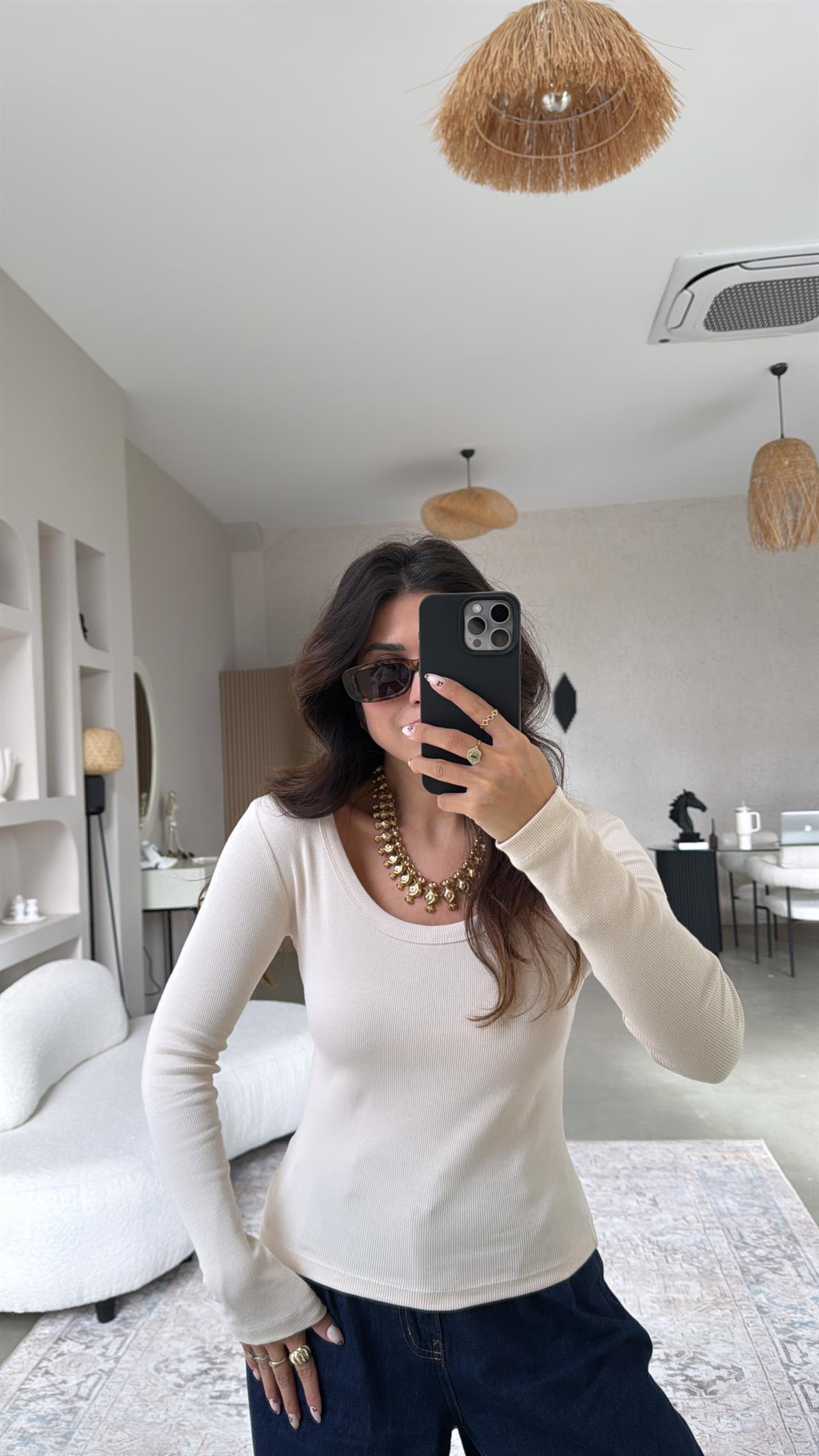 Bej Oval Yaka Uzun Kollu Ribana Basic