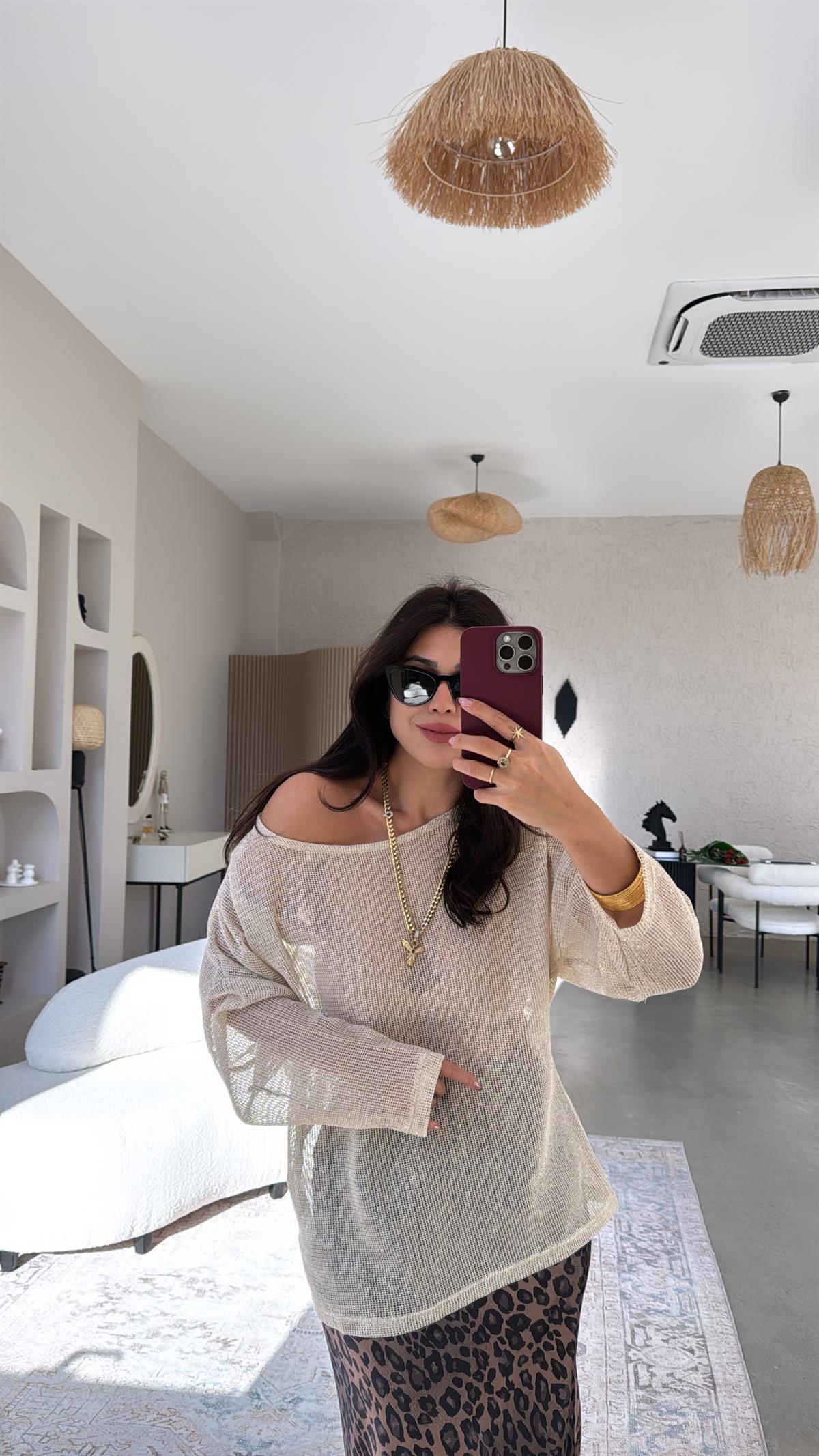 Bej Parlak Transparan Bluz