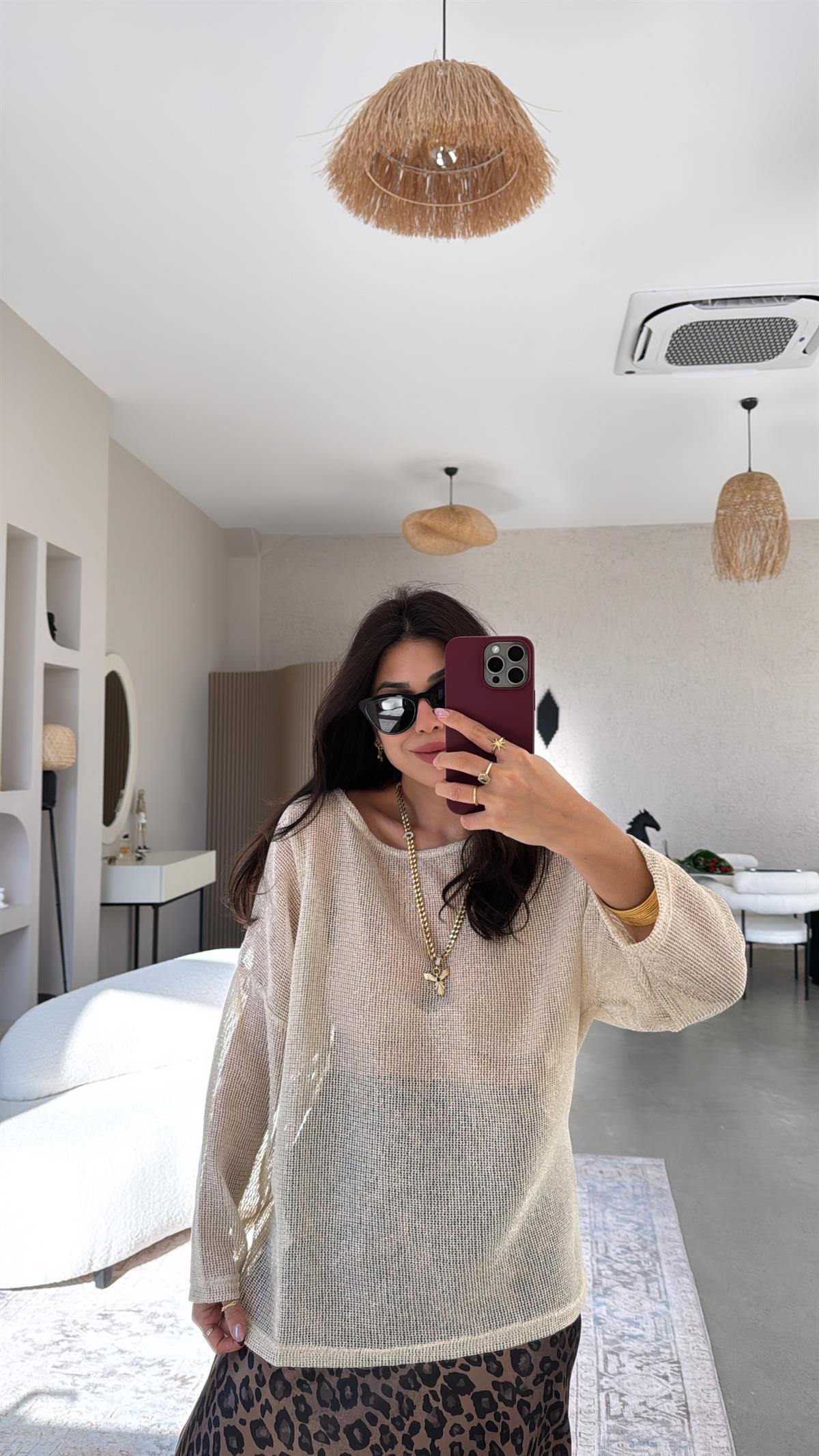 Bej Parlak Transparan Bluz