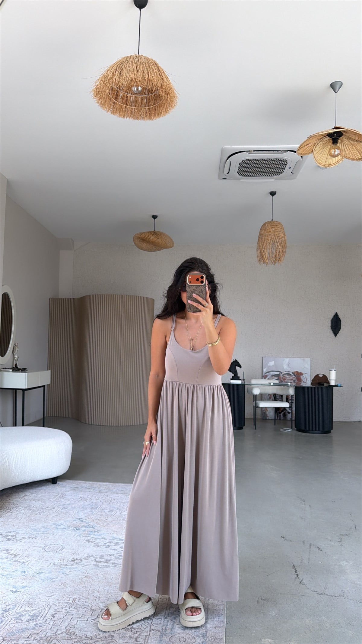 Bej Pike Modal İnce Askılı Salaş Tulum