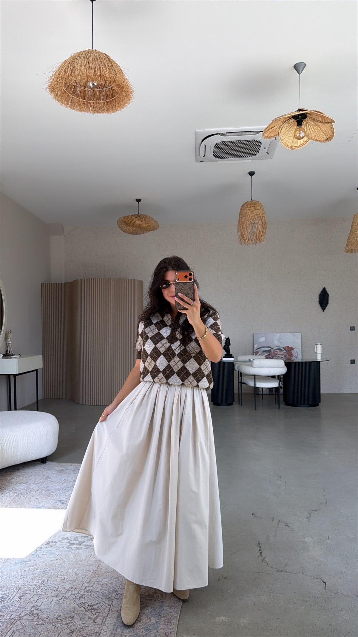 Bej Poplin Maxi Beli Lastikli Etek