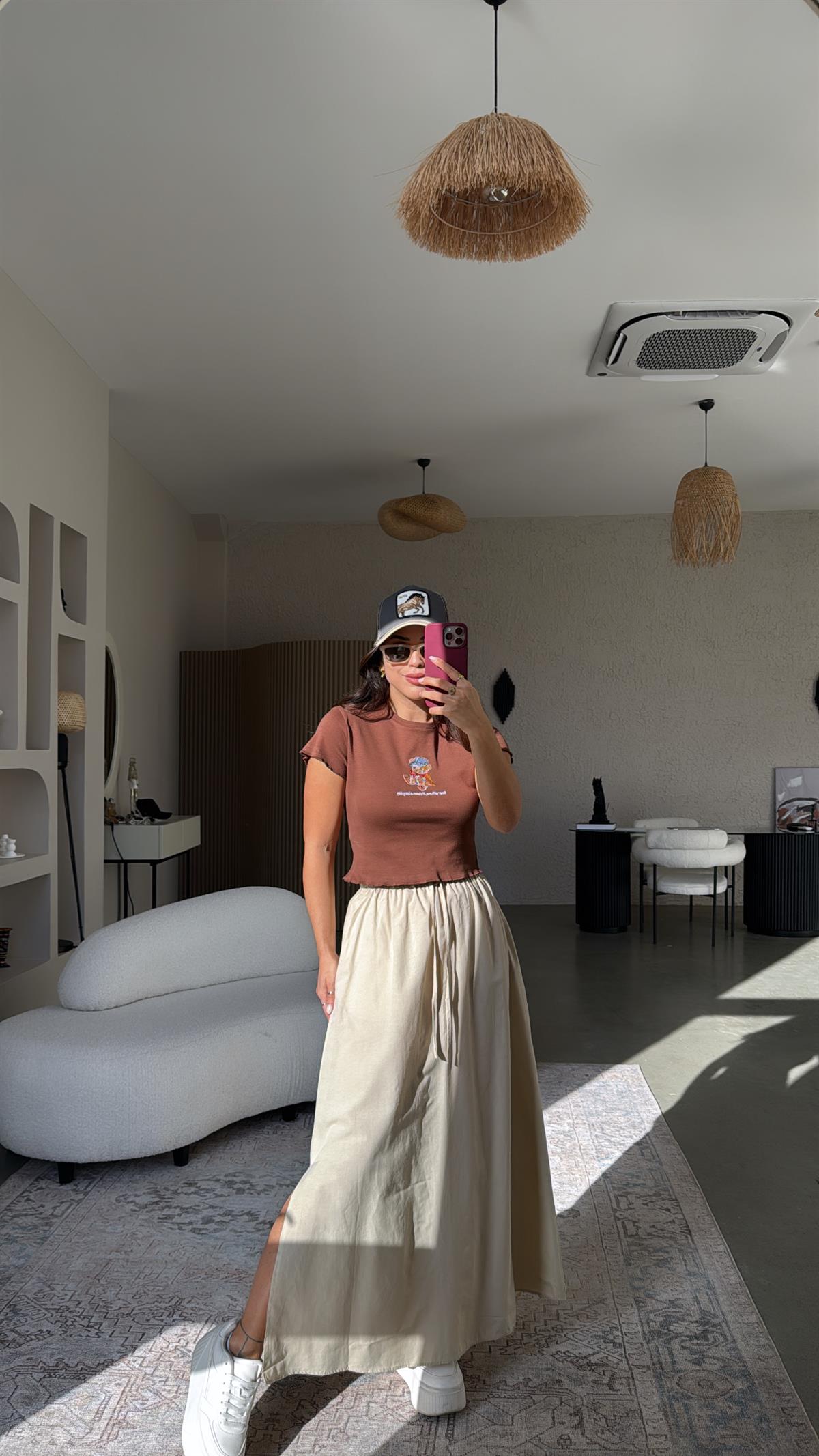 Bej Poplin Maxi Etek