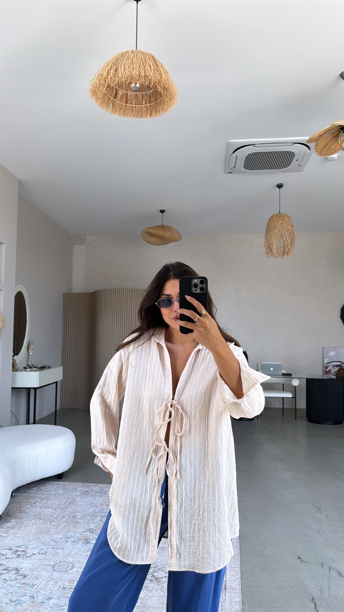 Bej Premium Bağlamalı Gömlek Bluz