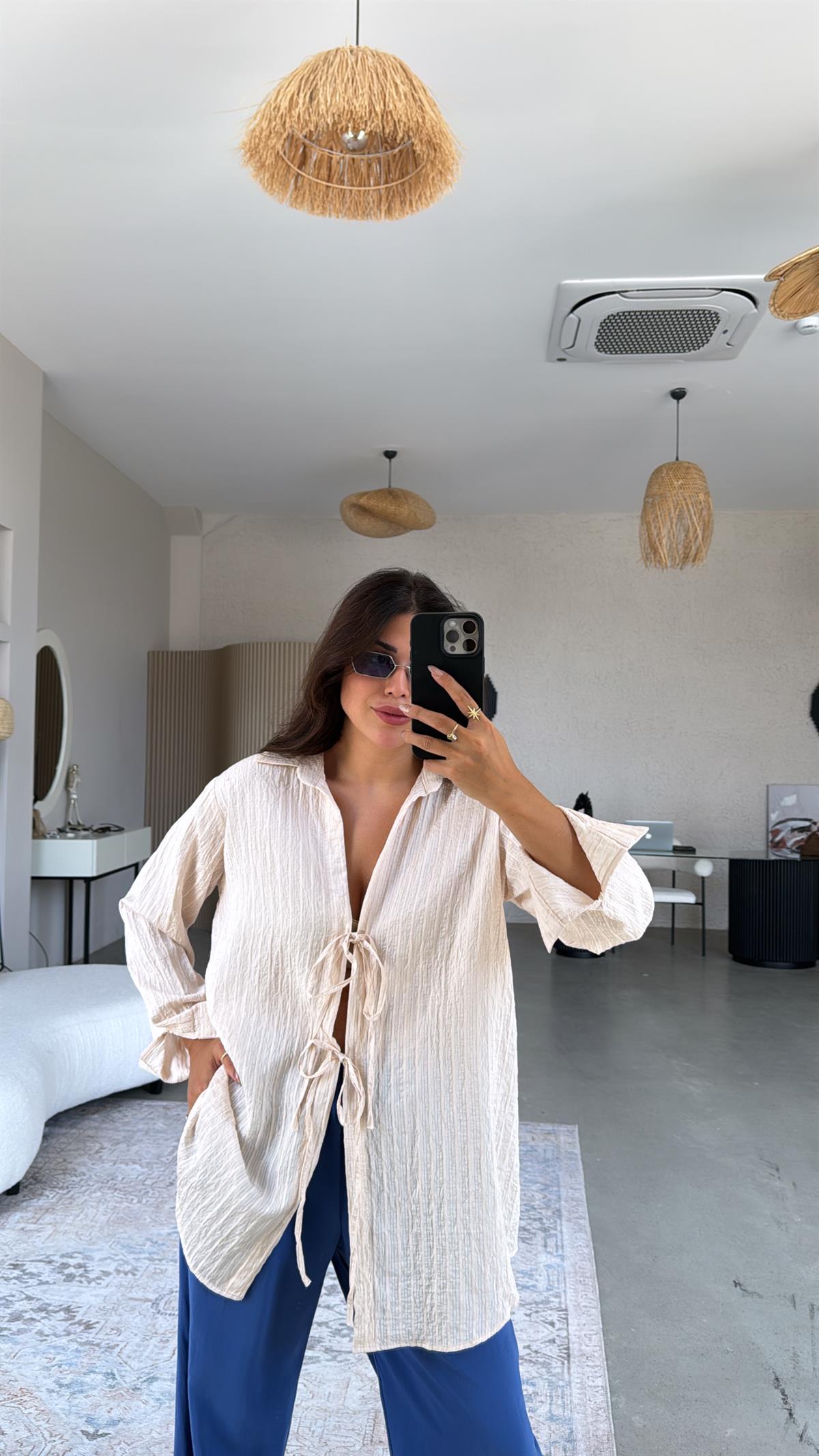 Bej Premium Bağlamalı Gömlek Bluz