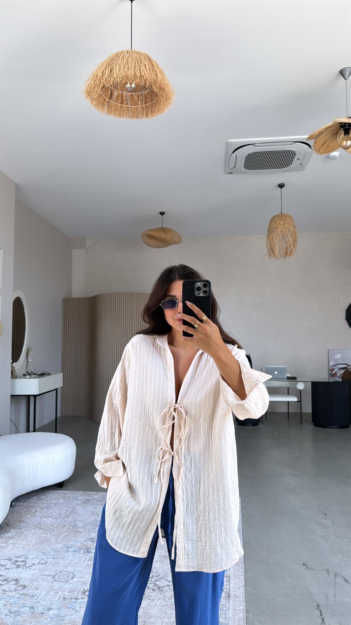 Bej Premium Bağlamalı Gömlek Bluz