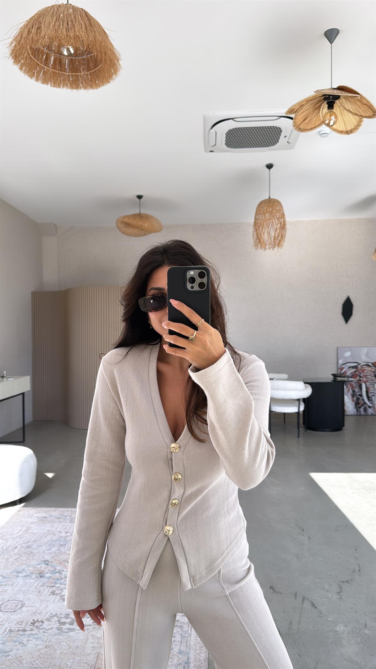 Bej Selanik Triko ZR model Hırka Pantolon Takım