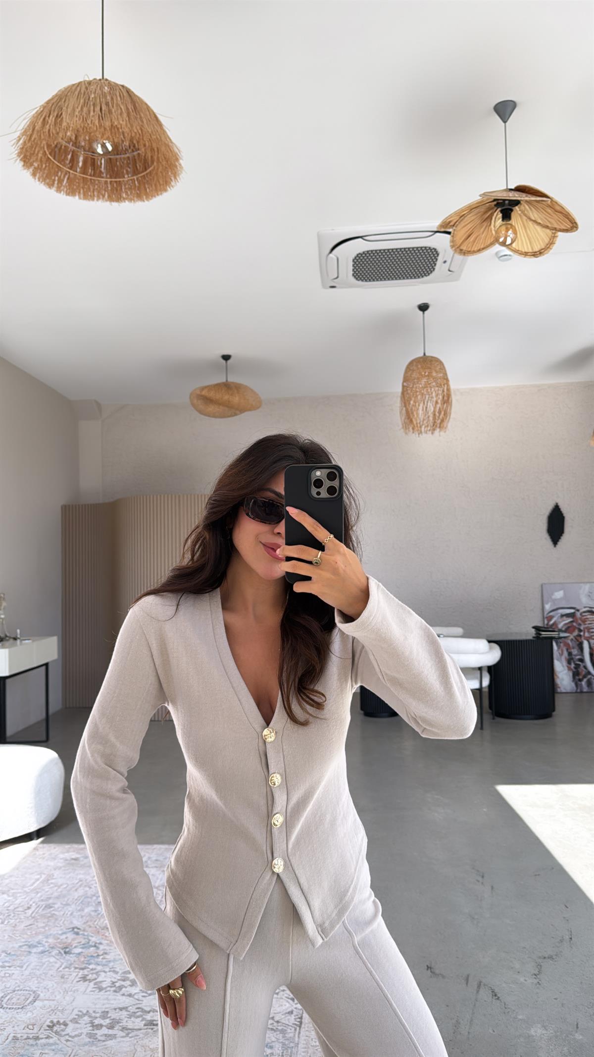 Bej Selanik Triko ZR model Hırka Pantolon Takım