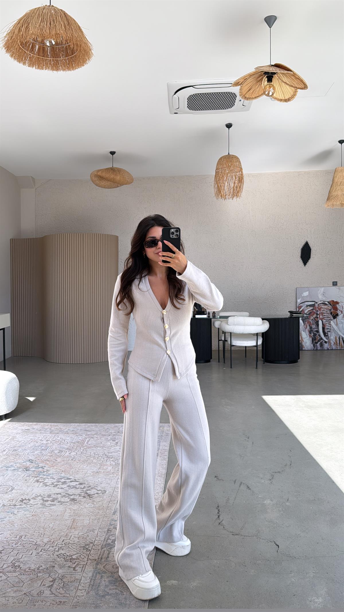 Bej Selanik Triko ZR model Hırka Pantolon Takım