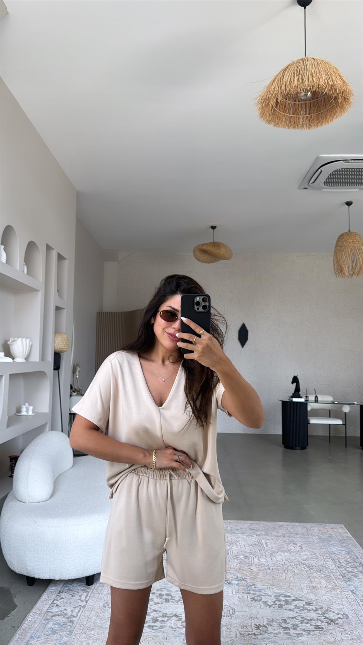 Bej Şort Bluz Modal Takım