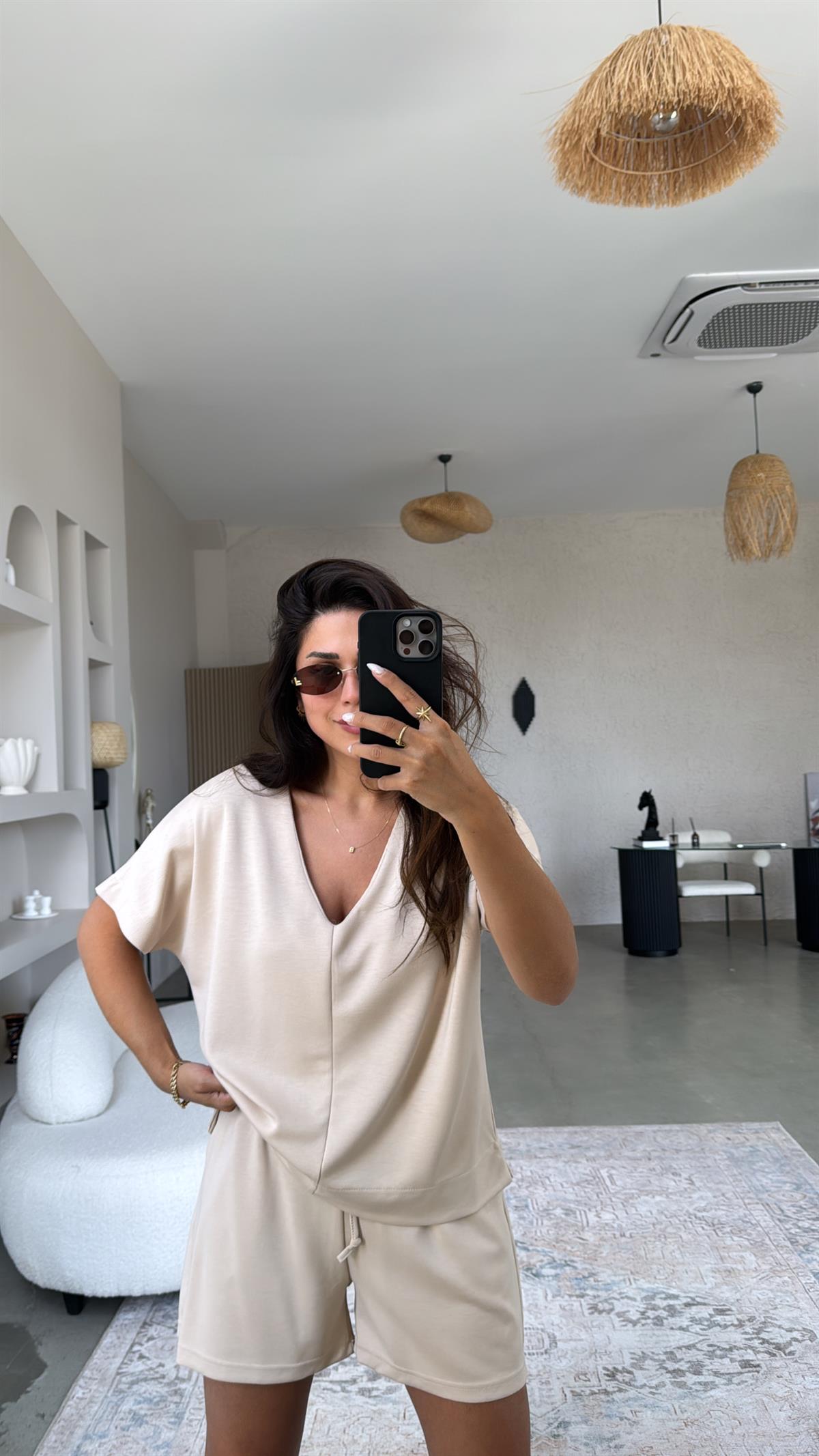 Bej Şort Bluz Modal Takım