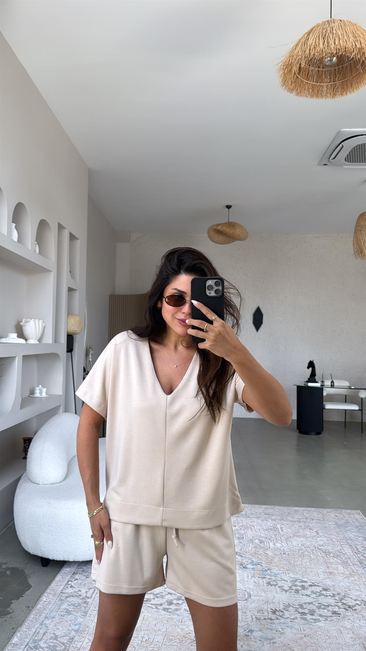 Bej Şort Bluz Modal Takım