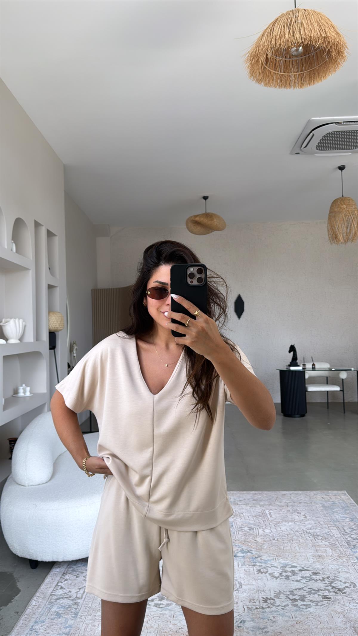 Bej Şort Bluz Modal Takım