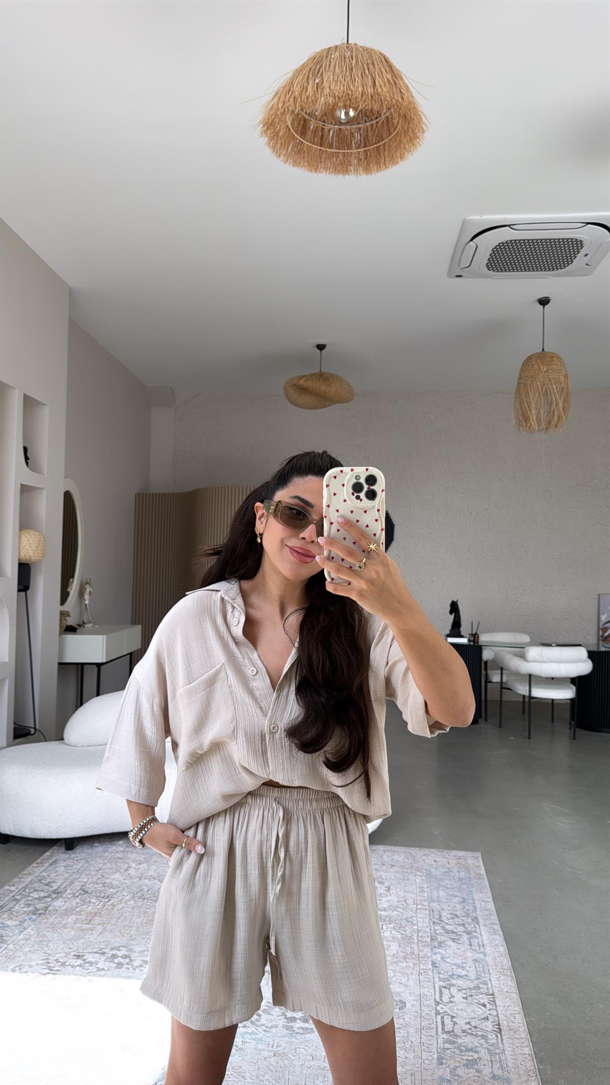 Bej Şort Gömlek Takım