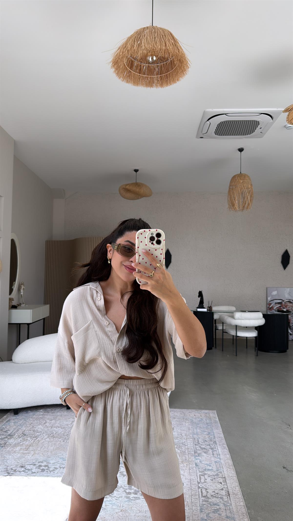 Bej Şort Gömlek Takım