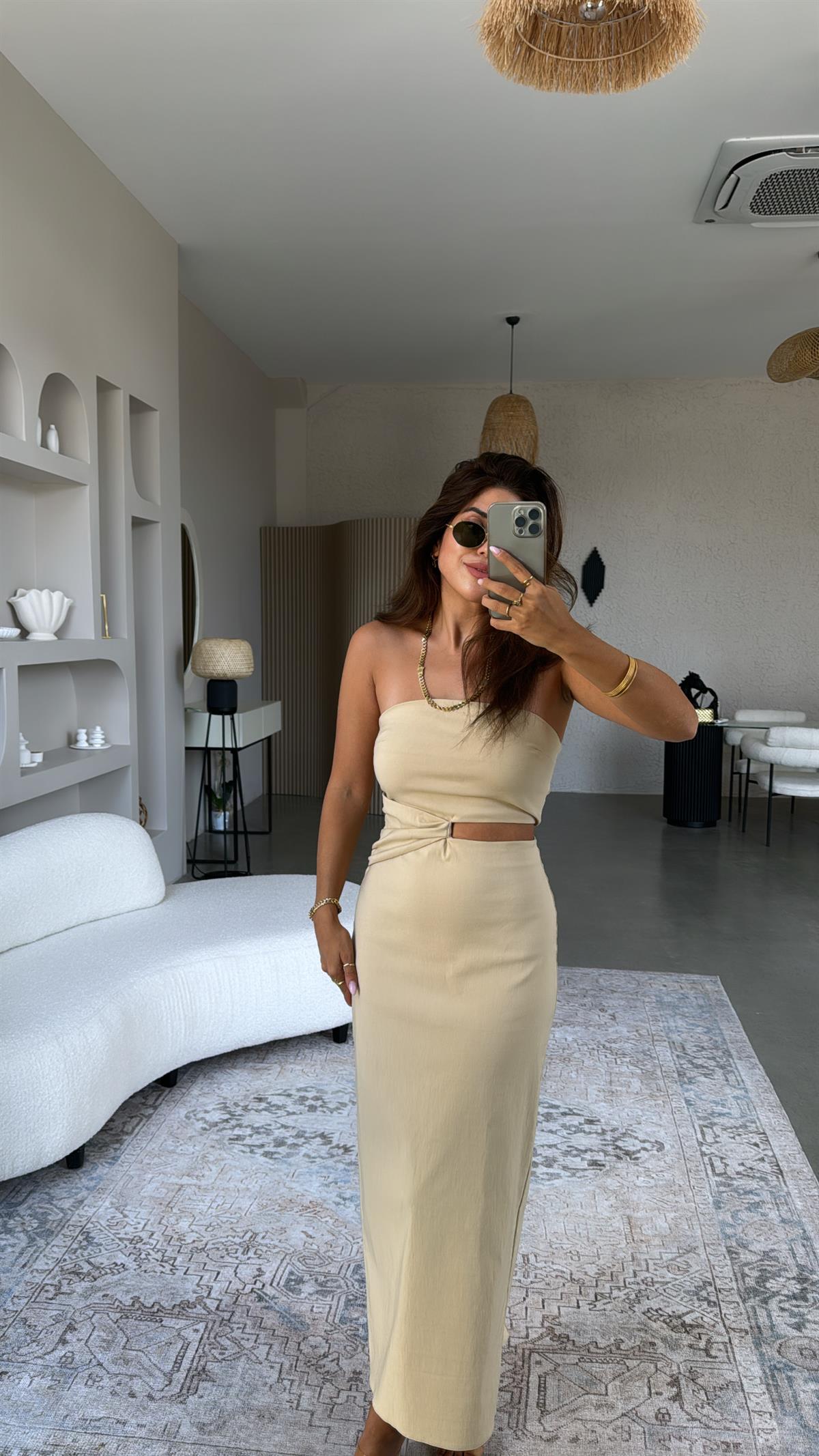 Bej Straplez Midi Elbise