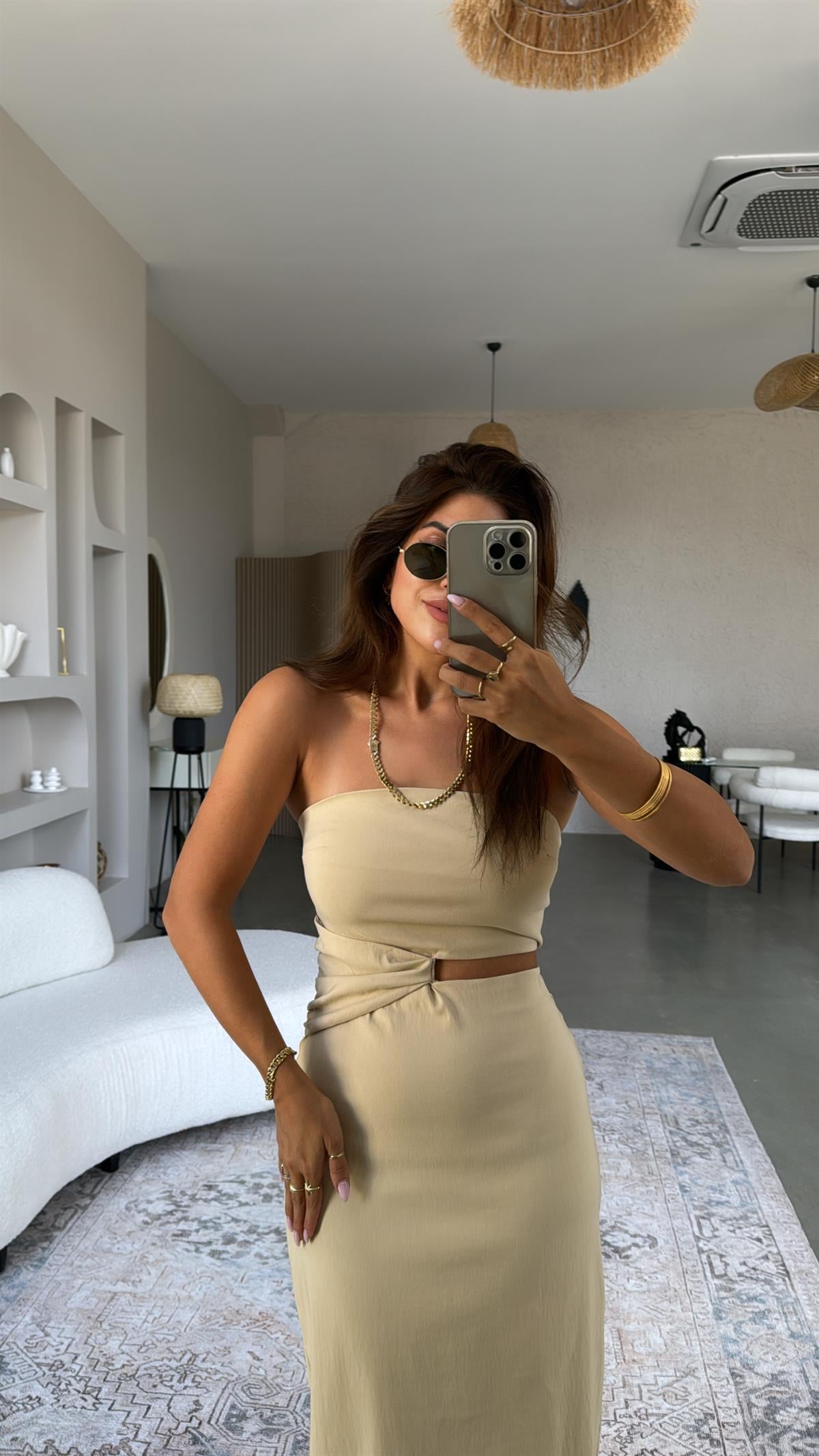 Bej Straplez Midi Elbise