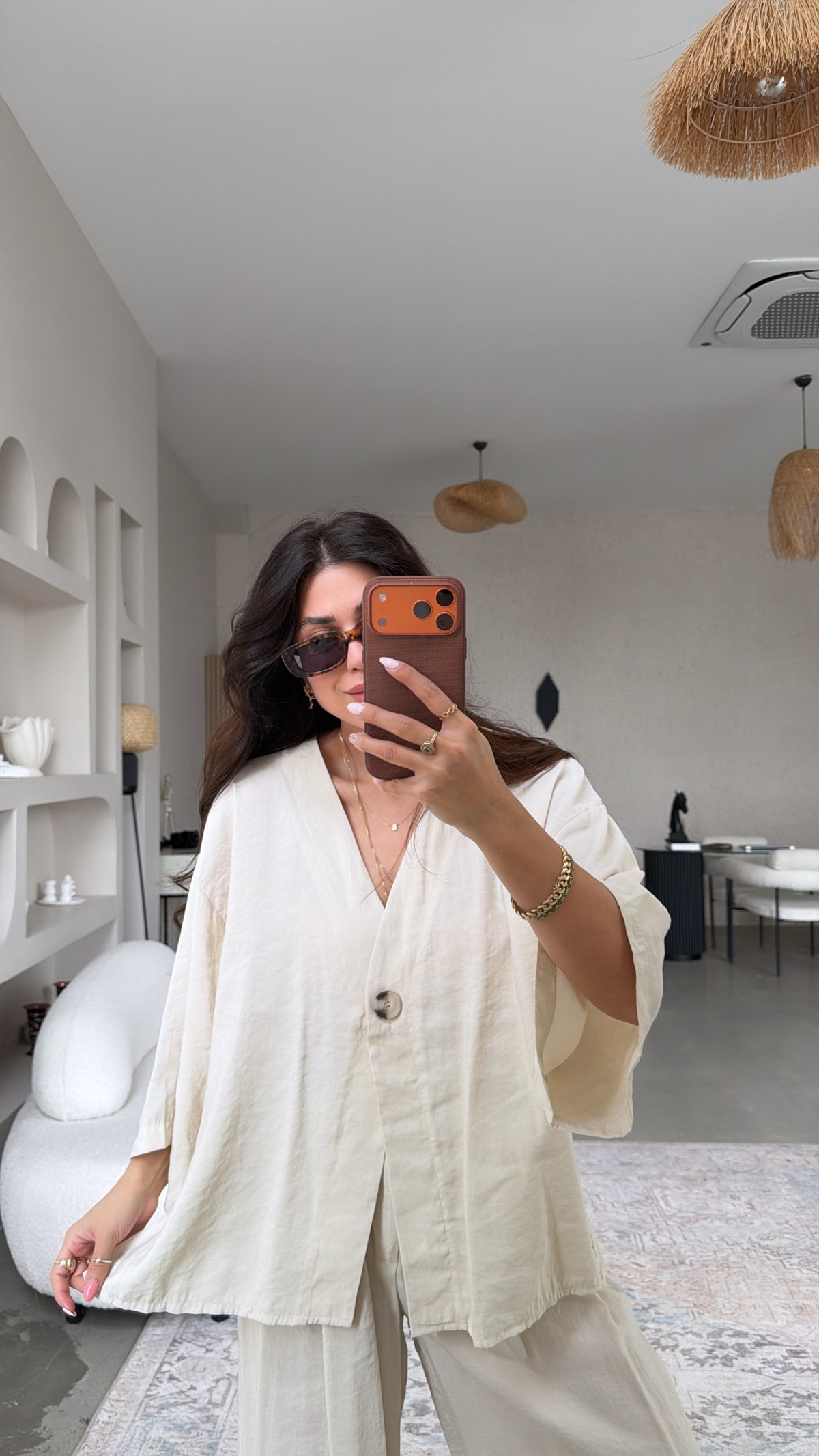 Bej Tek Düğme Ceket Pantolon Tensel Takım