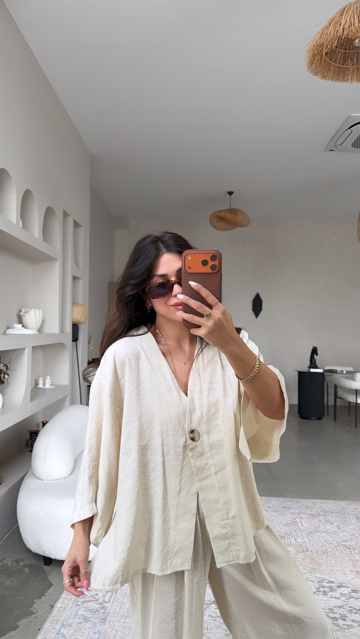 Bej Tek Düğme Ceket Pantolon Tensel Takım