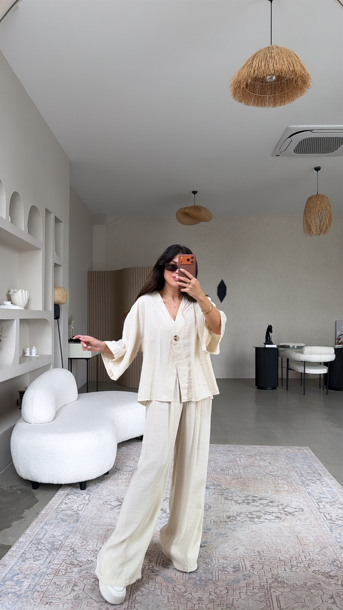 Bej Tek Düğme Ceket Pantolon Tensel Takım