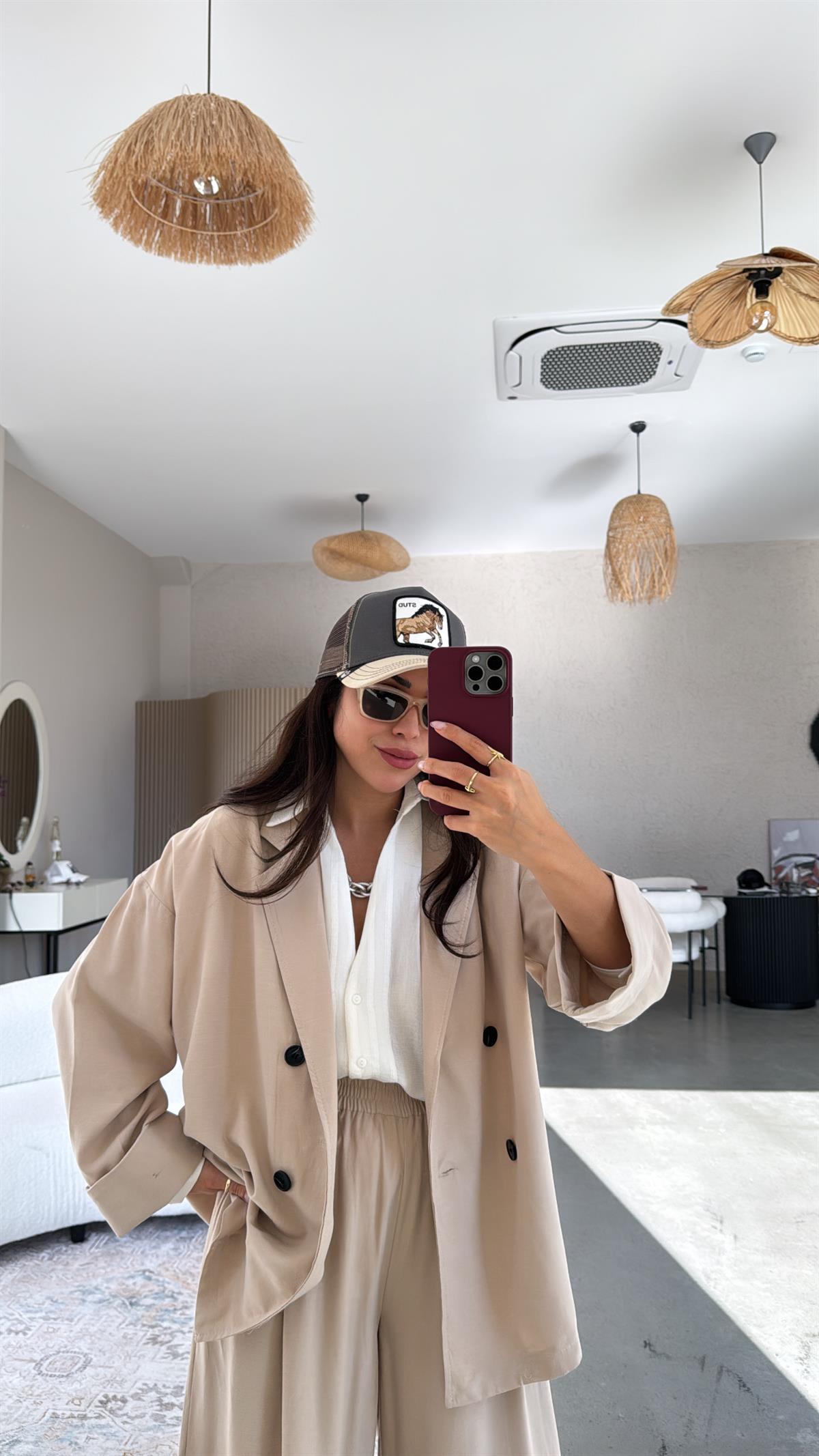 Bej Tensel Ceketli Premium Takım