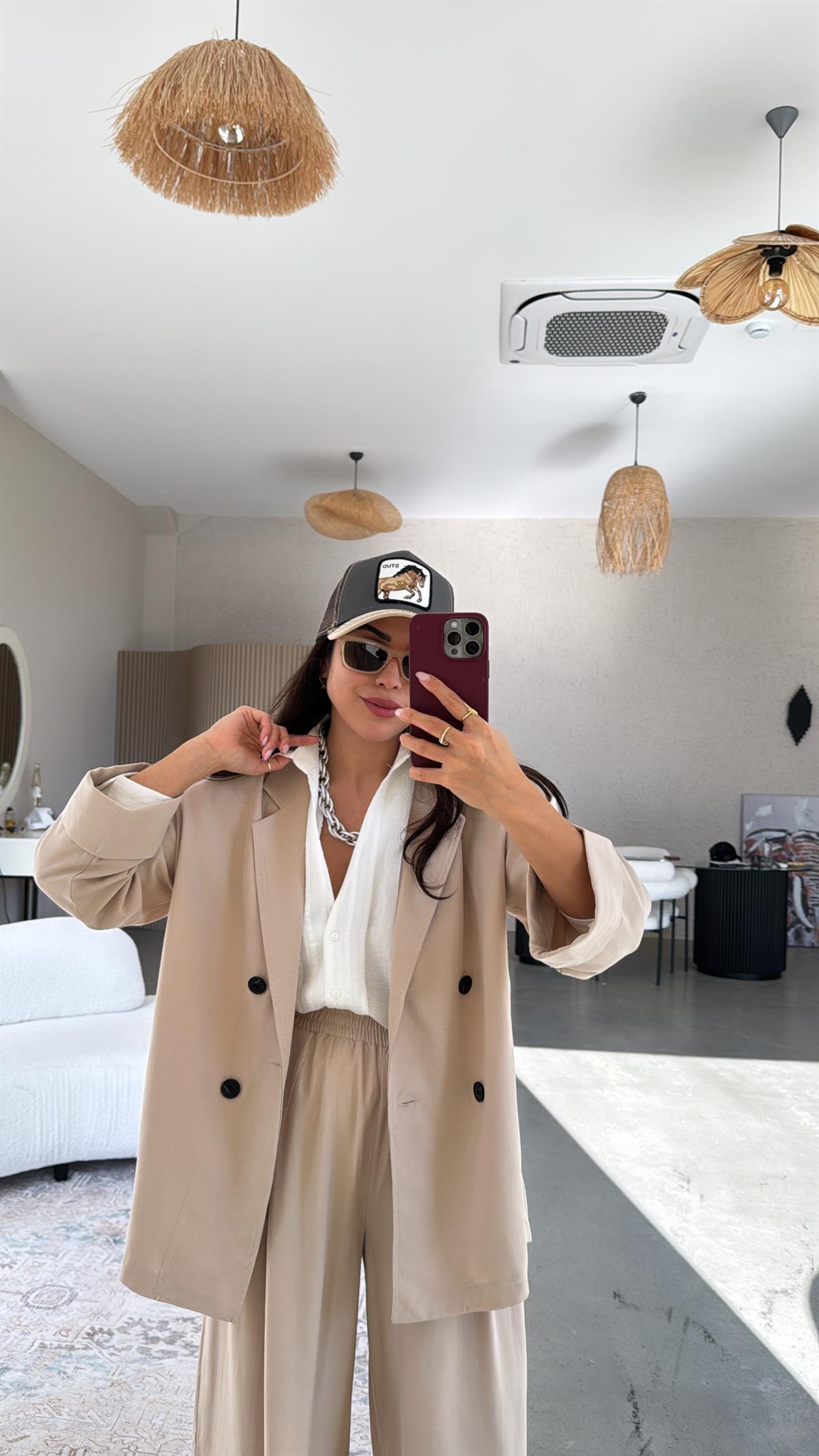 Bej Tensel Ceketli Premium Takım