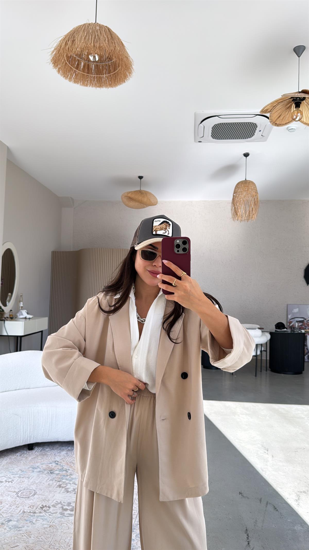 Bej Tensel Ceketli Premium Takım