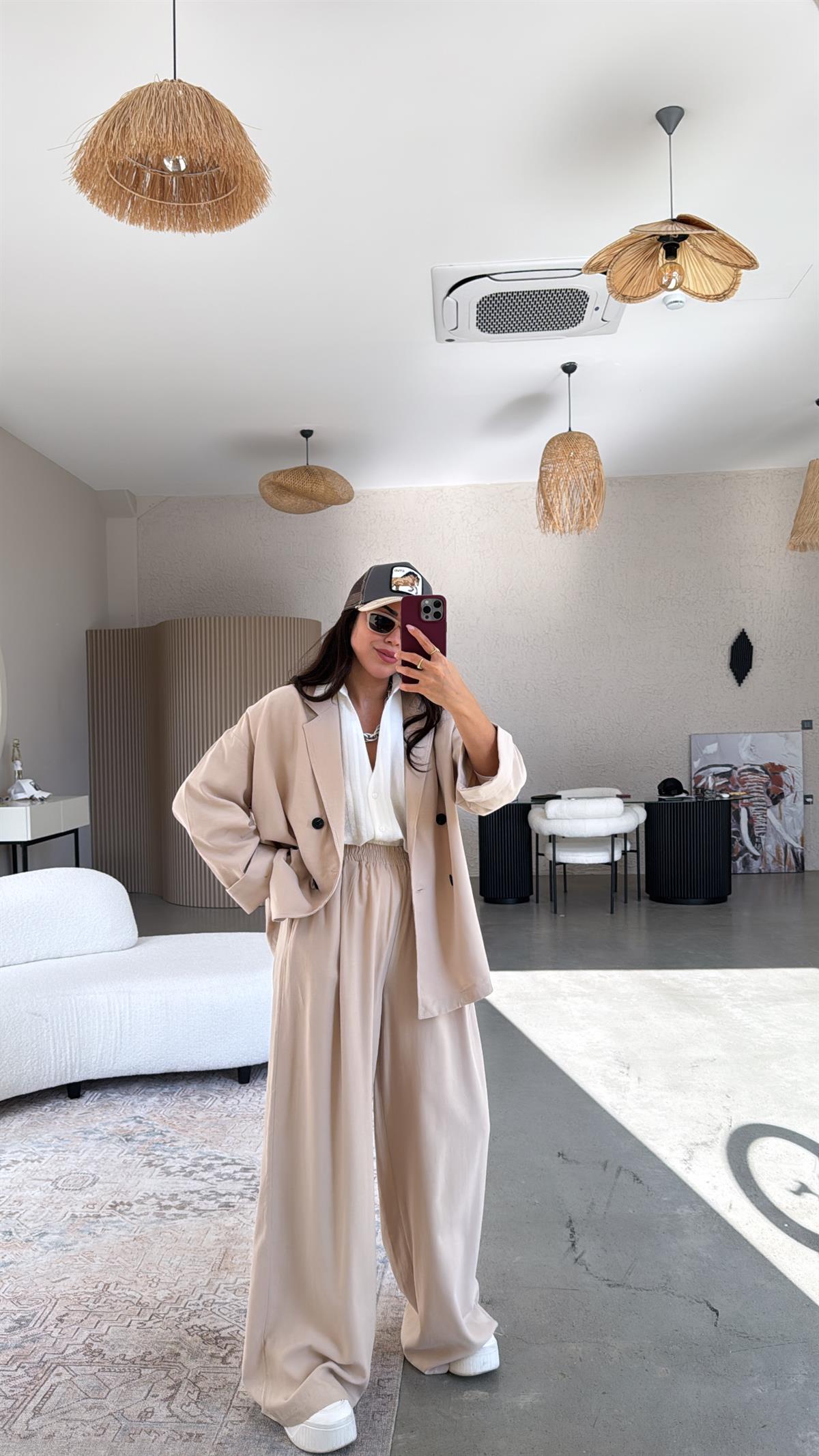 Bej Tensel Ceketli Premium Takım