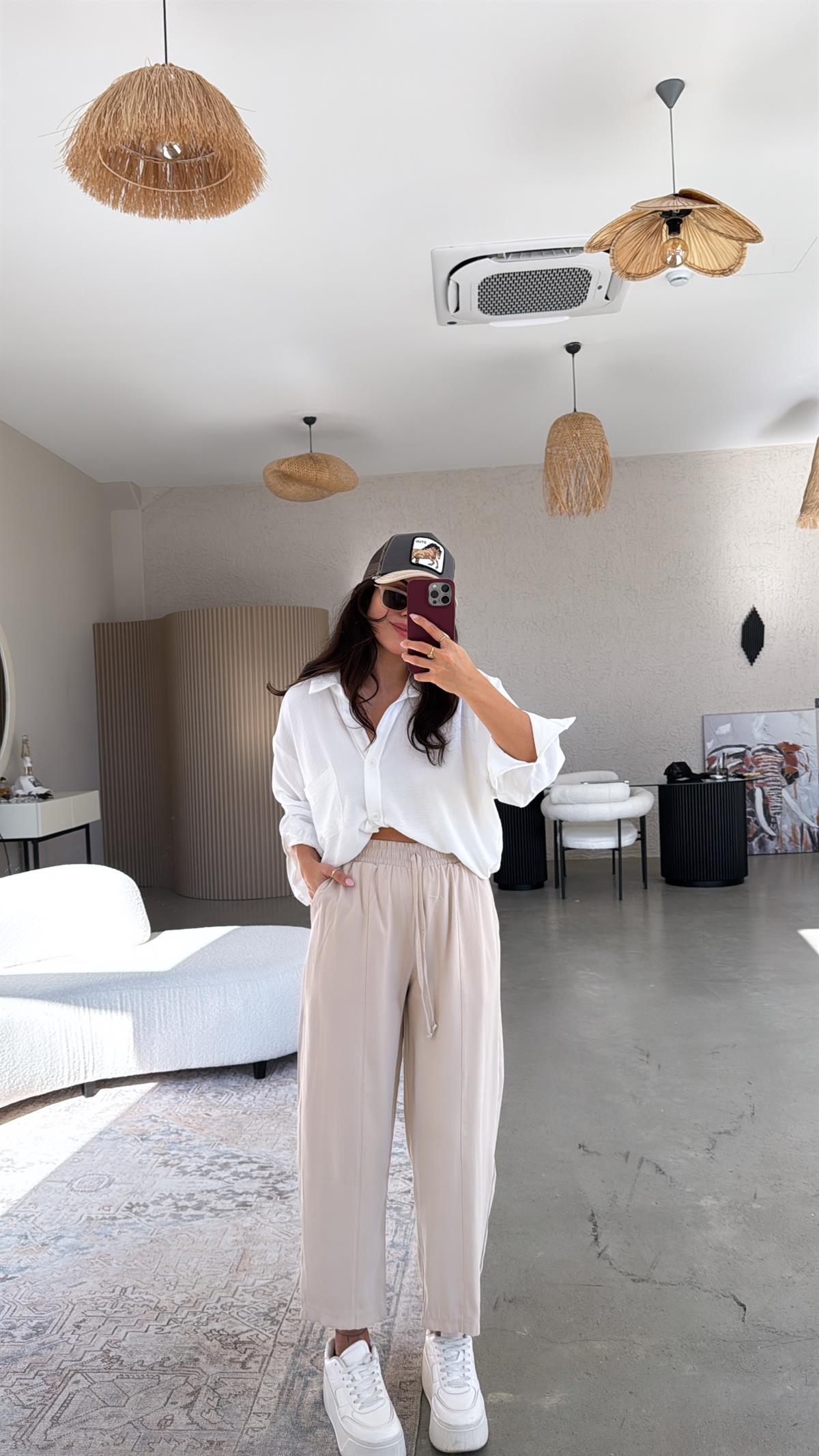 Bej Tensel Çımalı Pantolon