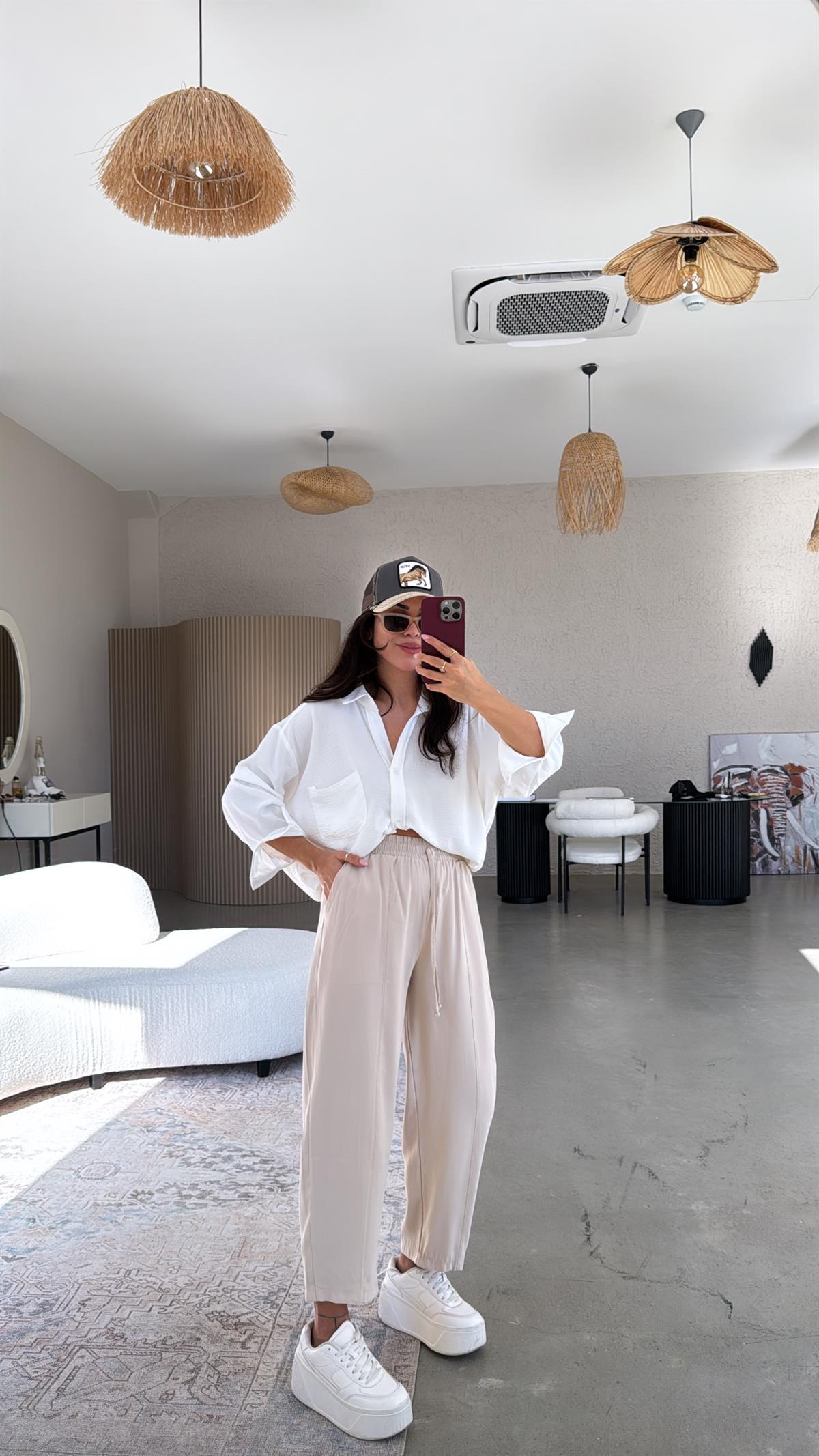 Bej Tensel Çımalı Pantolon