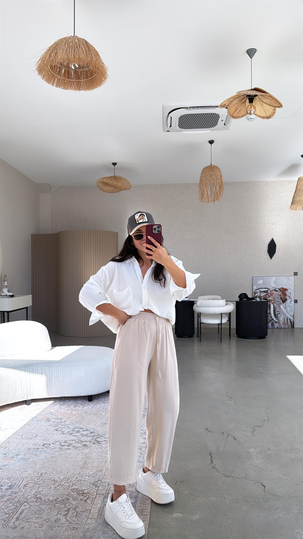 Bej Tensel Çımalı Pantolon