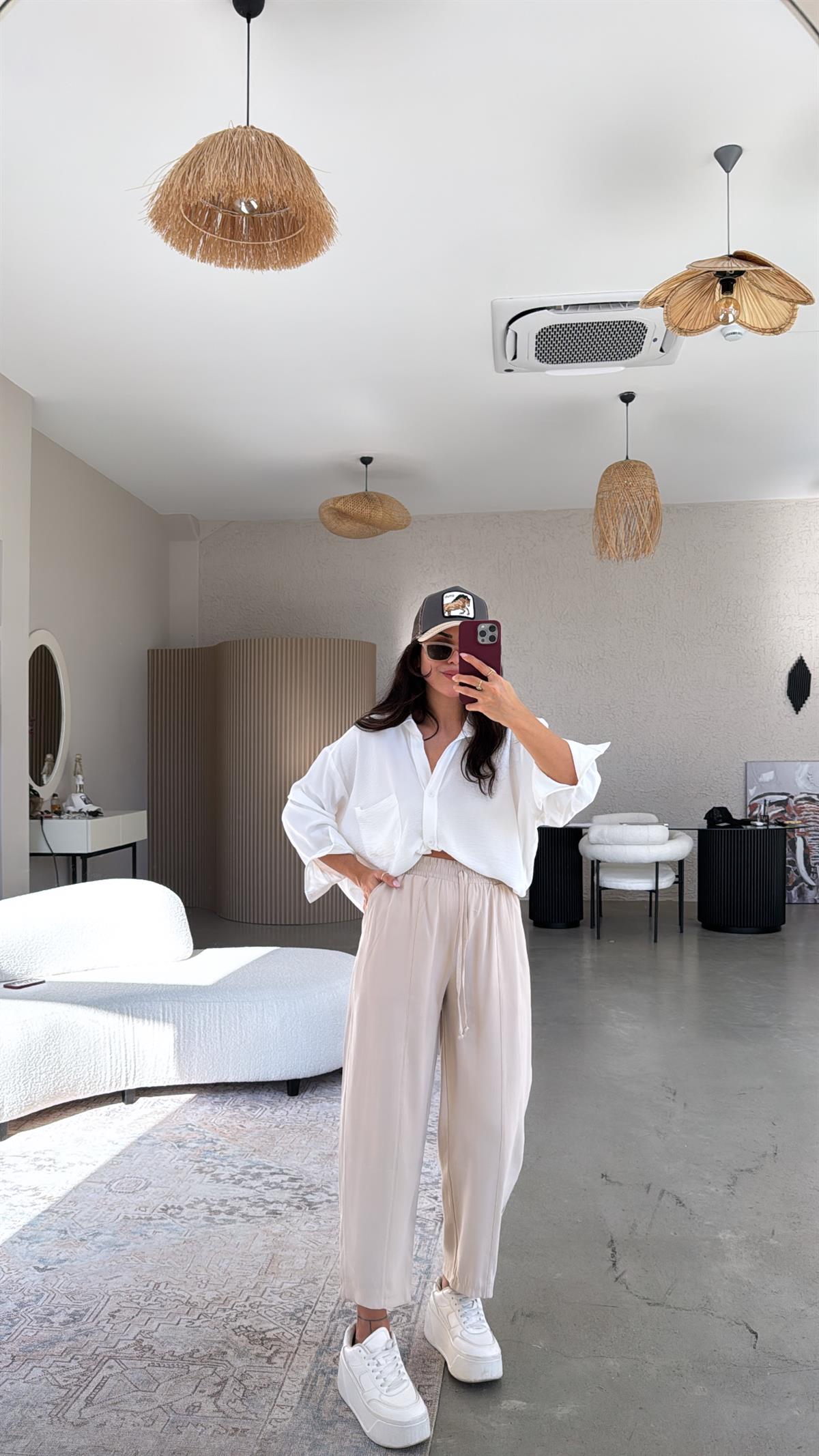 Bej Tensel Çımalı Pantolon