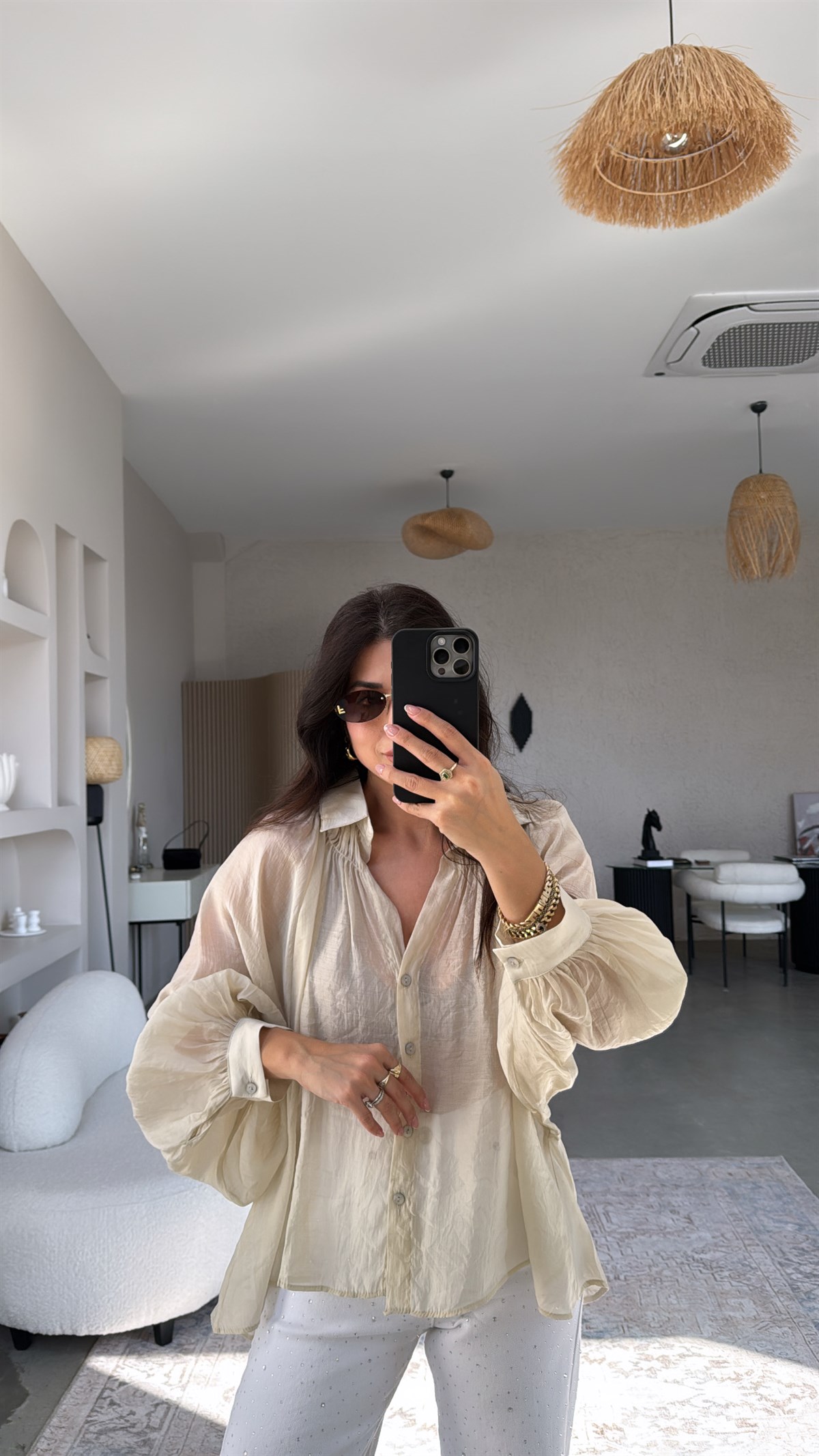 Bej Transparan Balon Kol Bohem Gömlek