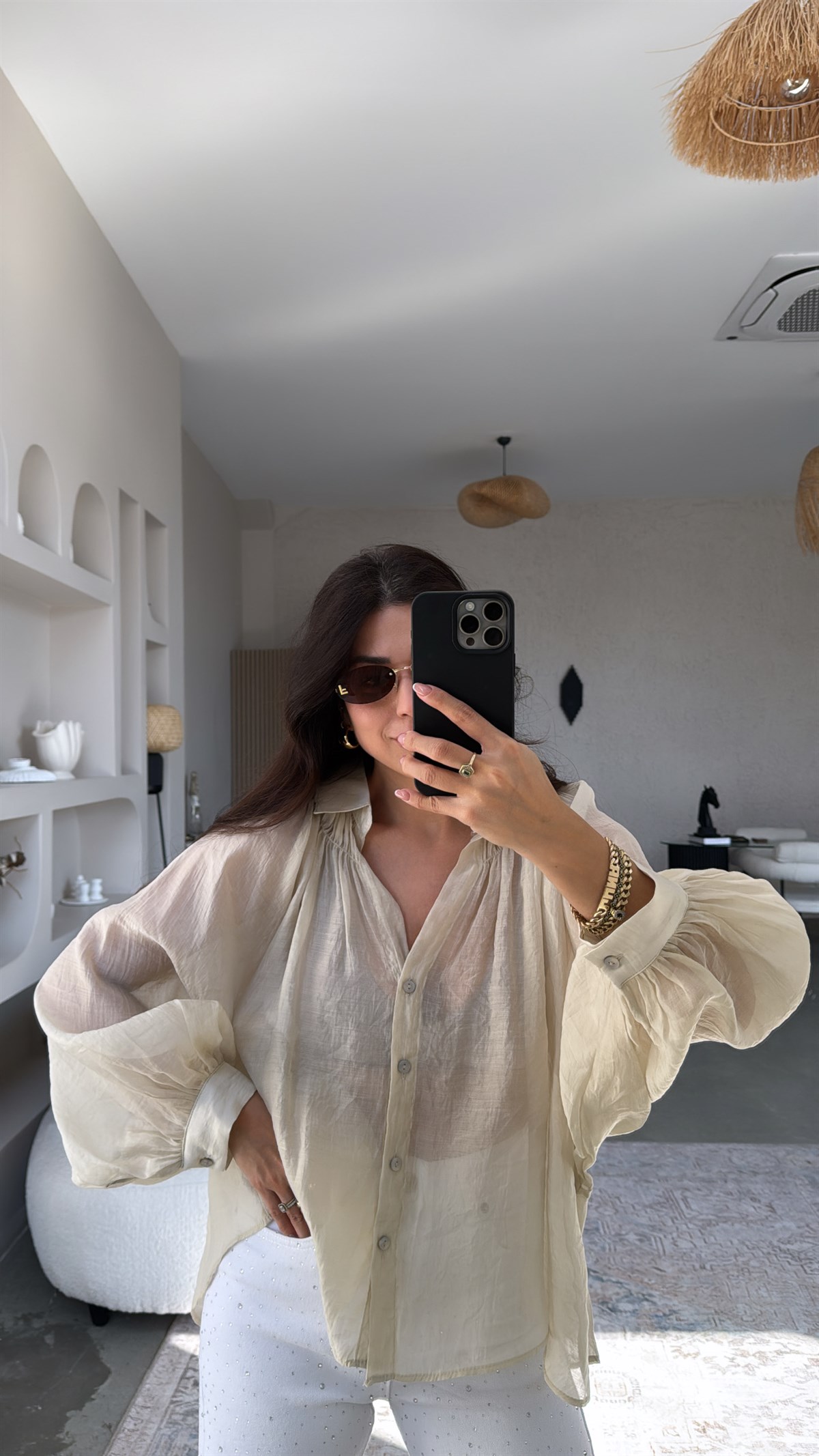 Bej Transparan Balon Kol Bohem Gömlek