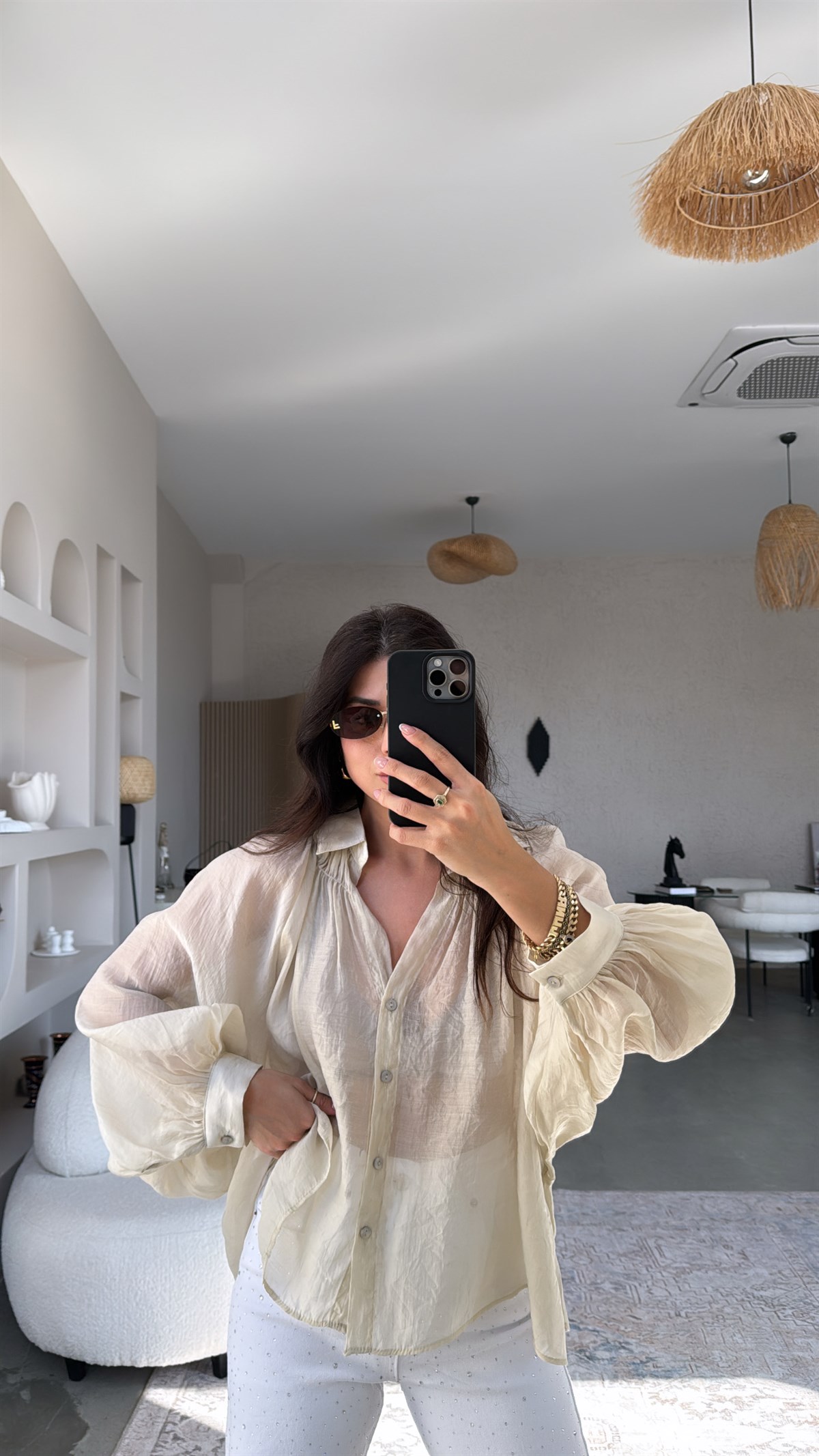 Bej Transparan Balon Kol Bohem Gömlek