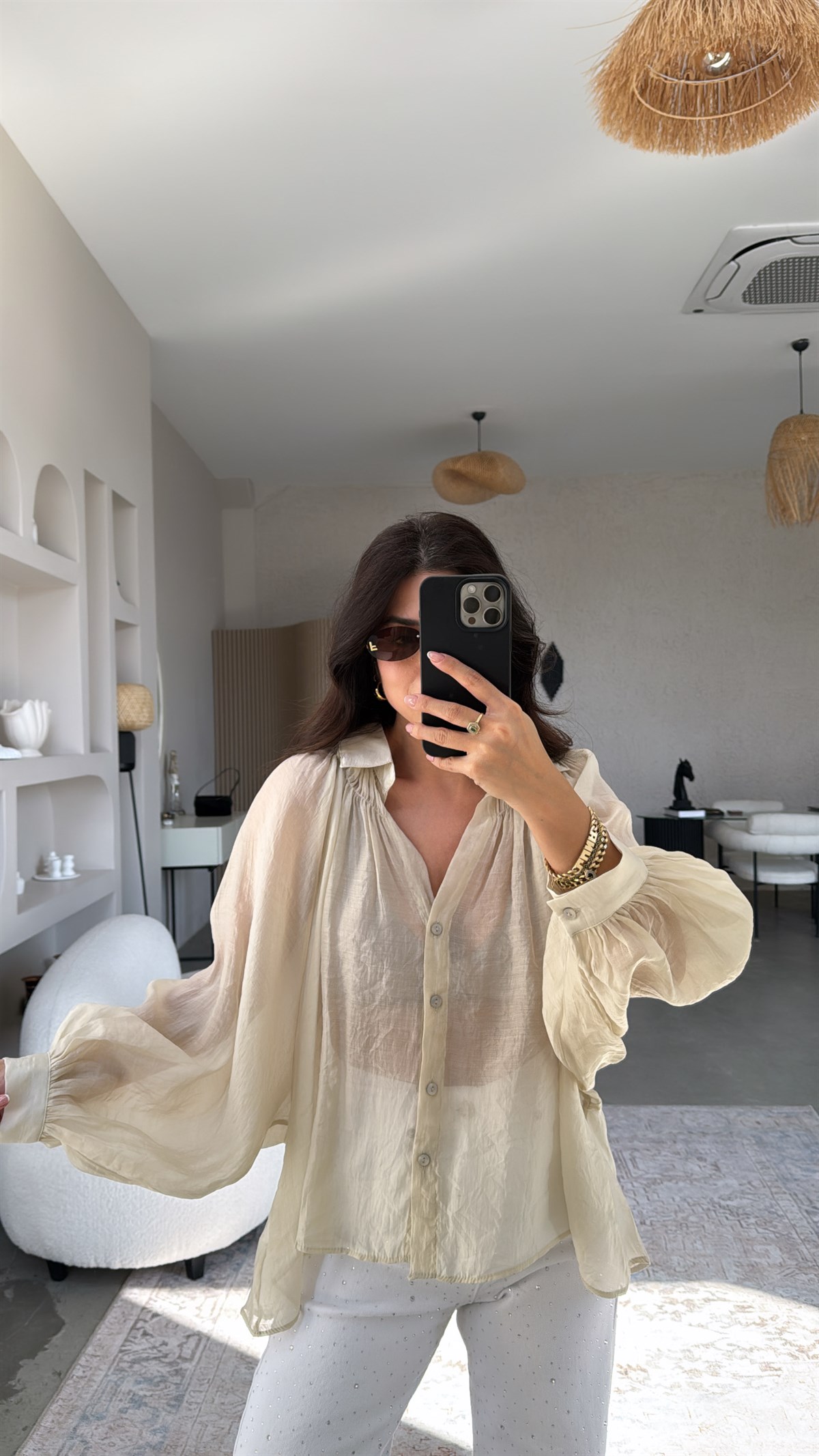 Bej Transparan Balon Kol Bohem Gömlek