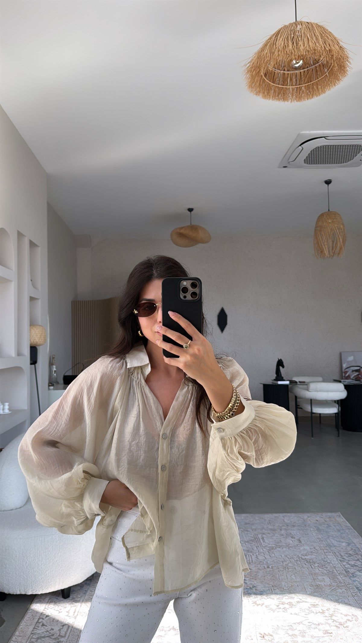 Bej Transparan Balon Kol Bohem Gömlek