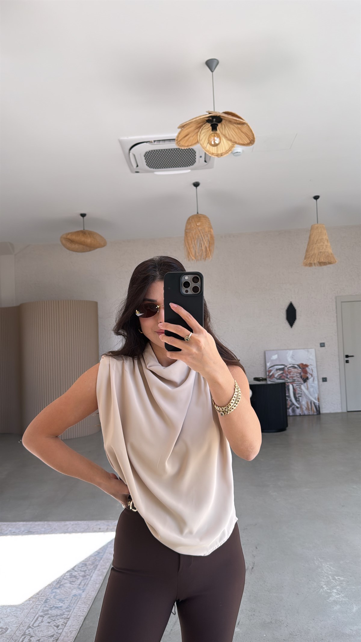 Bej Vatkalı Krep Degaje Bluz