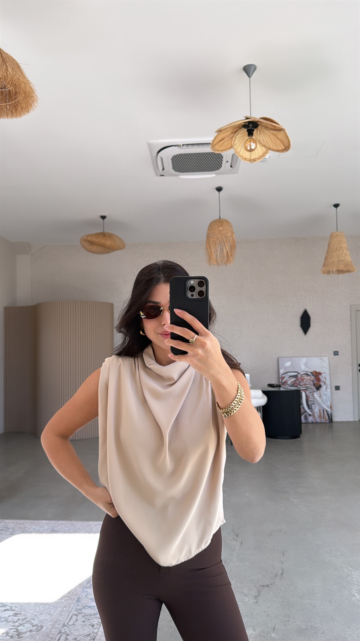 Bej Vatkalı Krep Degaje Bluz