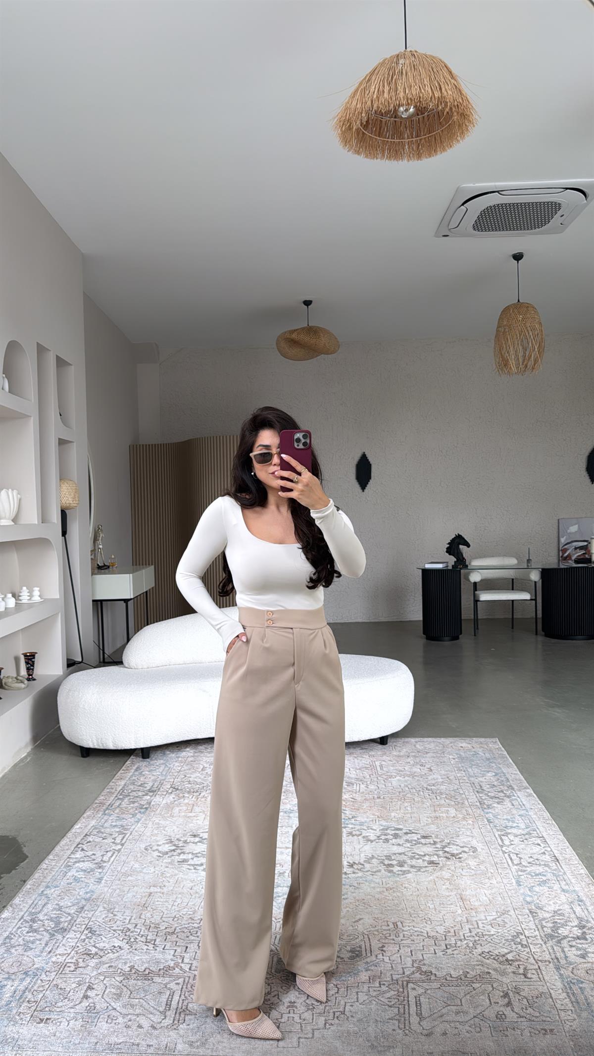 Bej Yan Düğmeli Palazzo Pantolon