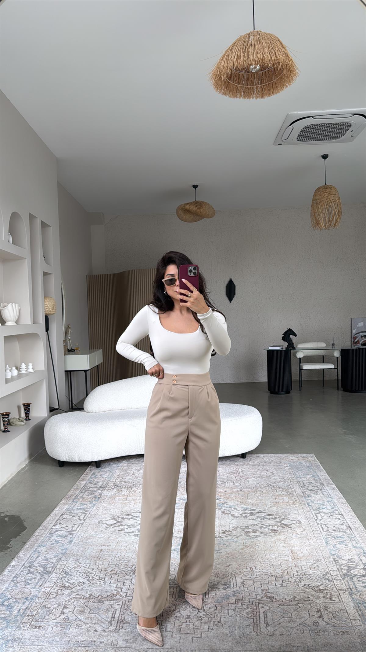 Bej Yan Düğmeli Palazzo Pantolon