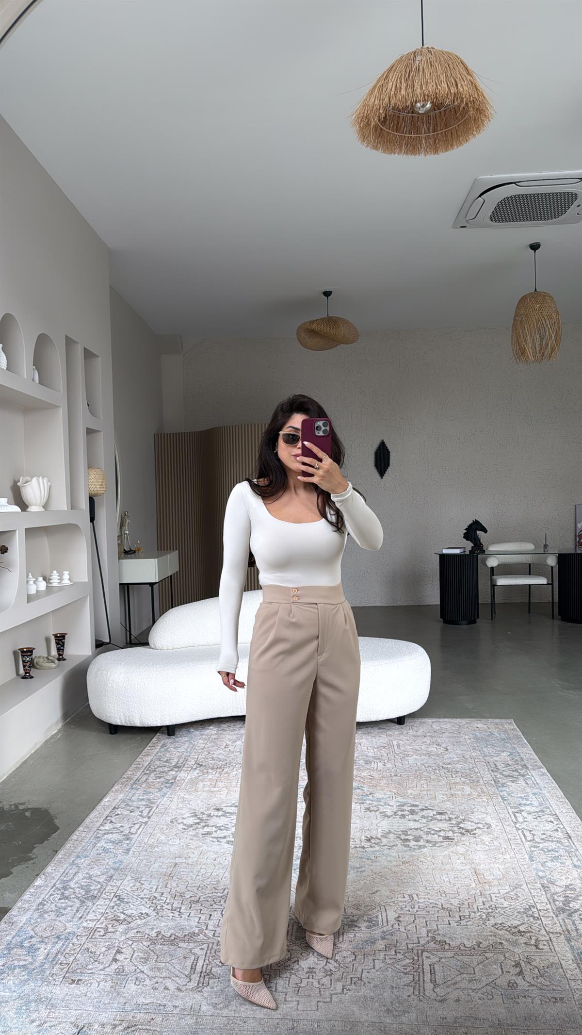 Bej Yan Düğmeli Palazzo Pantolon