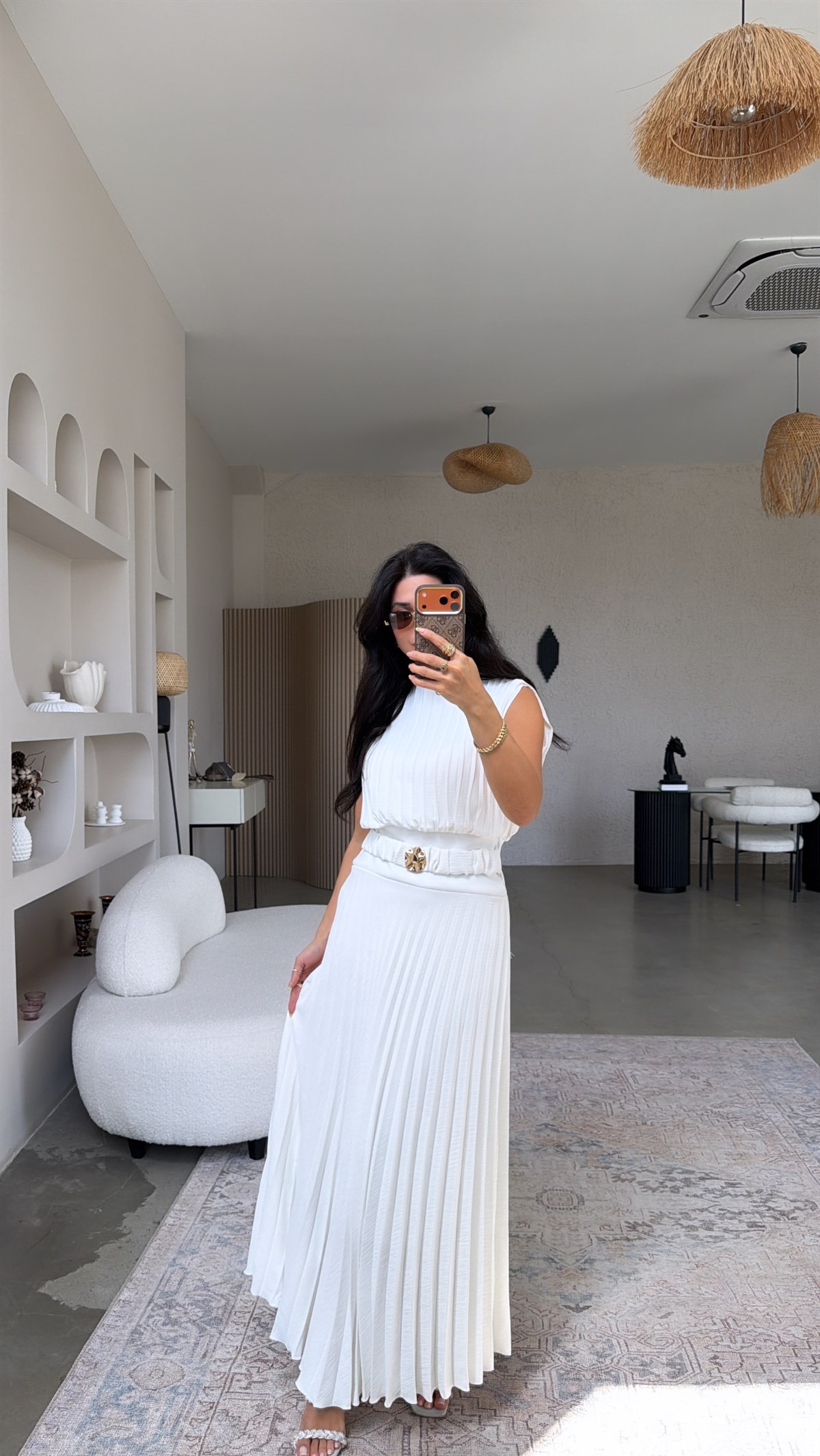 Beyaz Astarlı Pileli Maxi Premium Şans Elbise