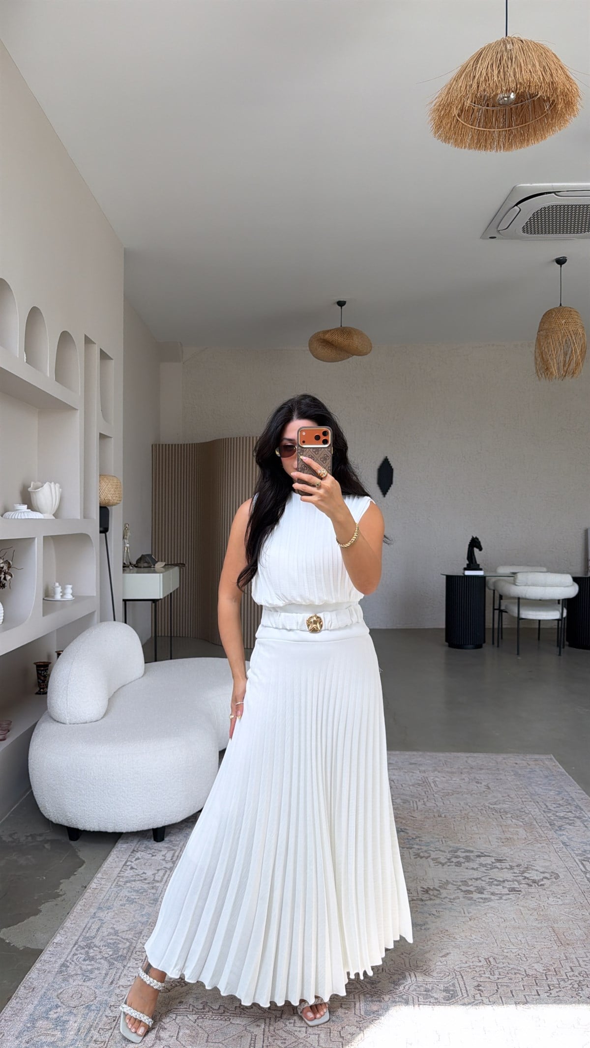Beyaz Astarlı Pileli Maxi Premium Şans Elbise
