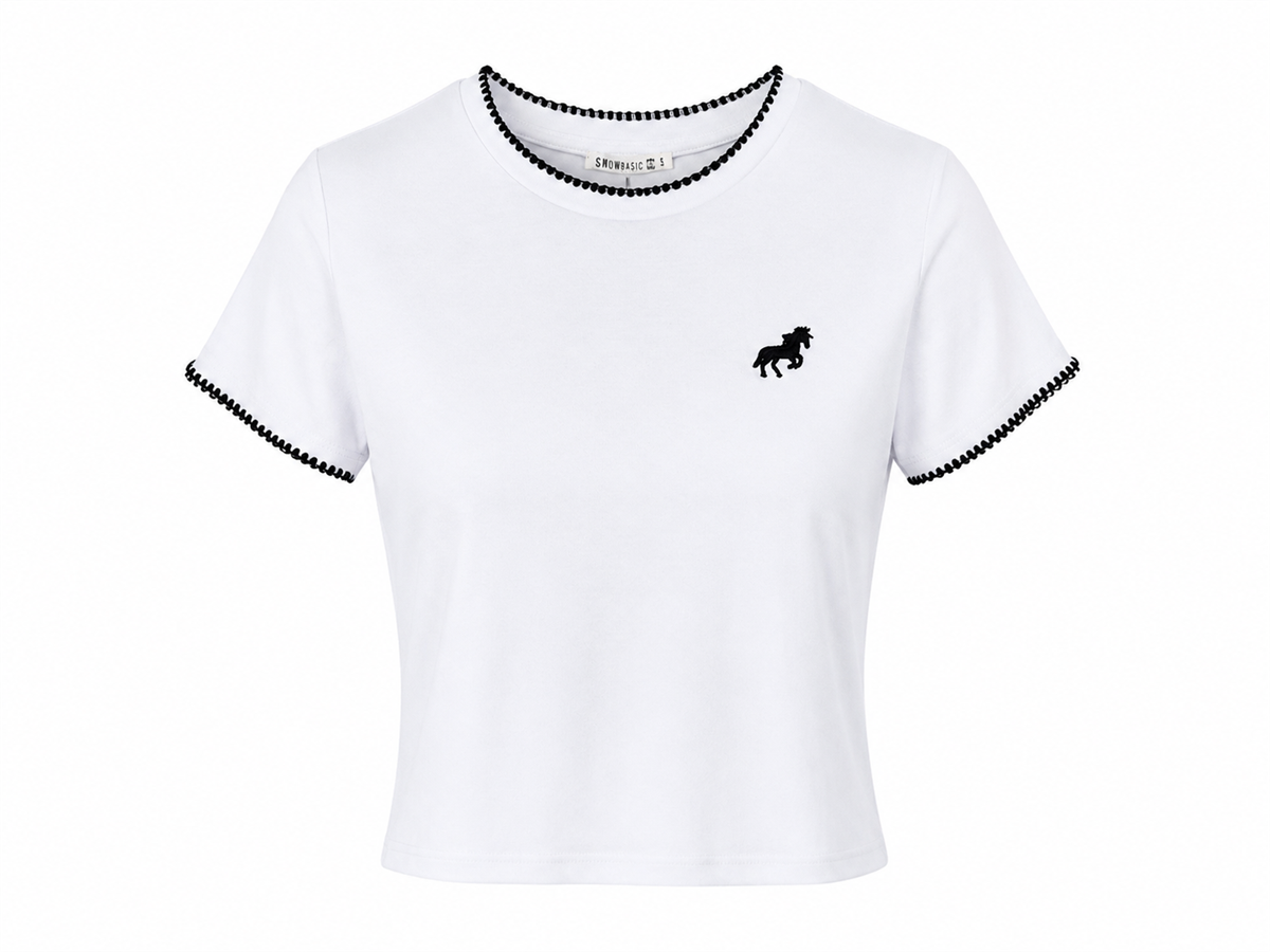 Beyaz At Nakışlı Pamuk Tshirt