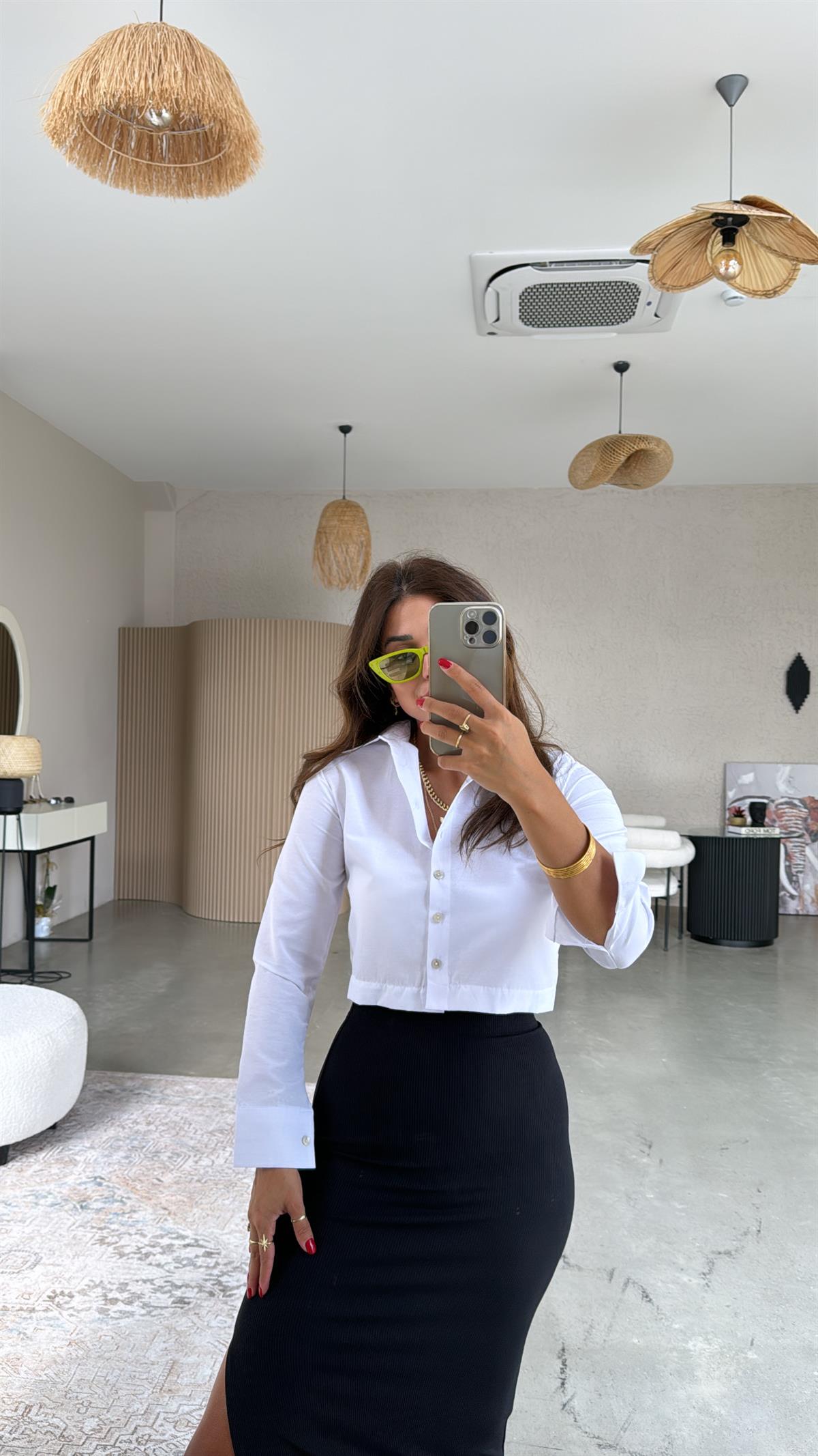 Beyaz Basic Crop Gömlek