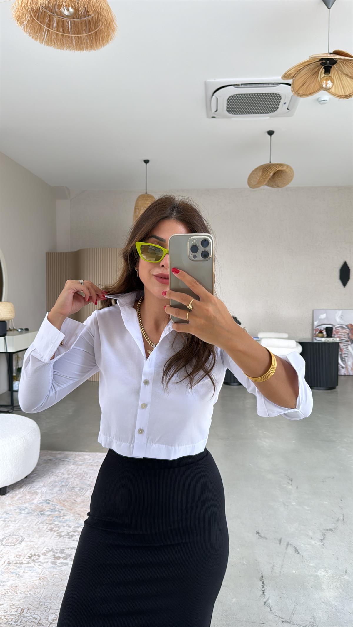 Beyaz Basic Crop Gömlek