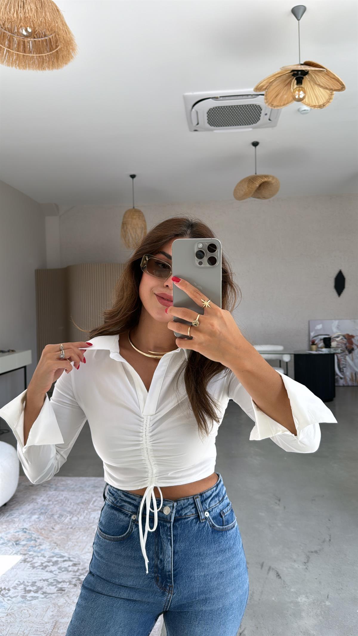 Beyaz Büzgülü Brshk Gömlek